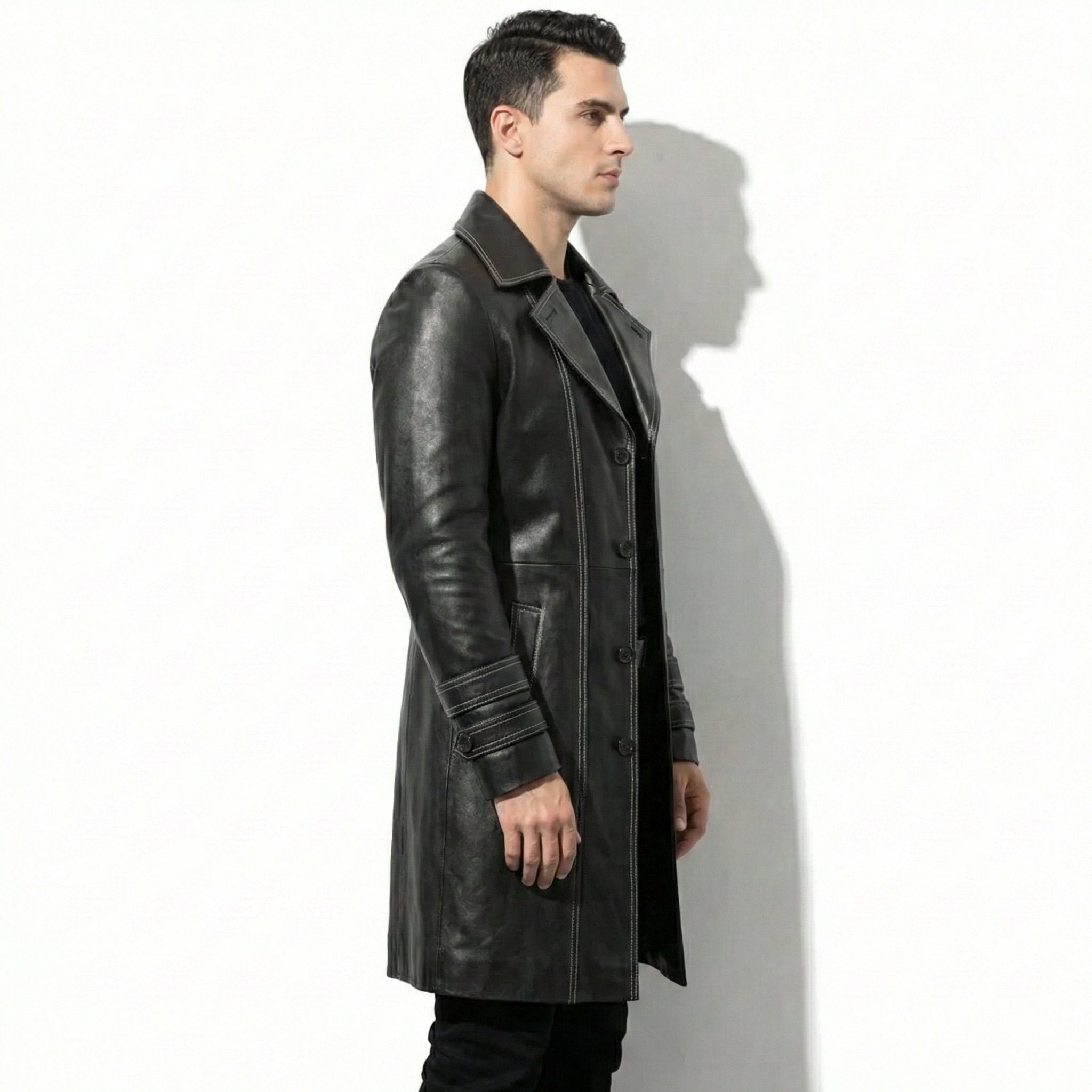 Men’s Black Leather Trench Coat – Slim Fit Outerwear