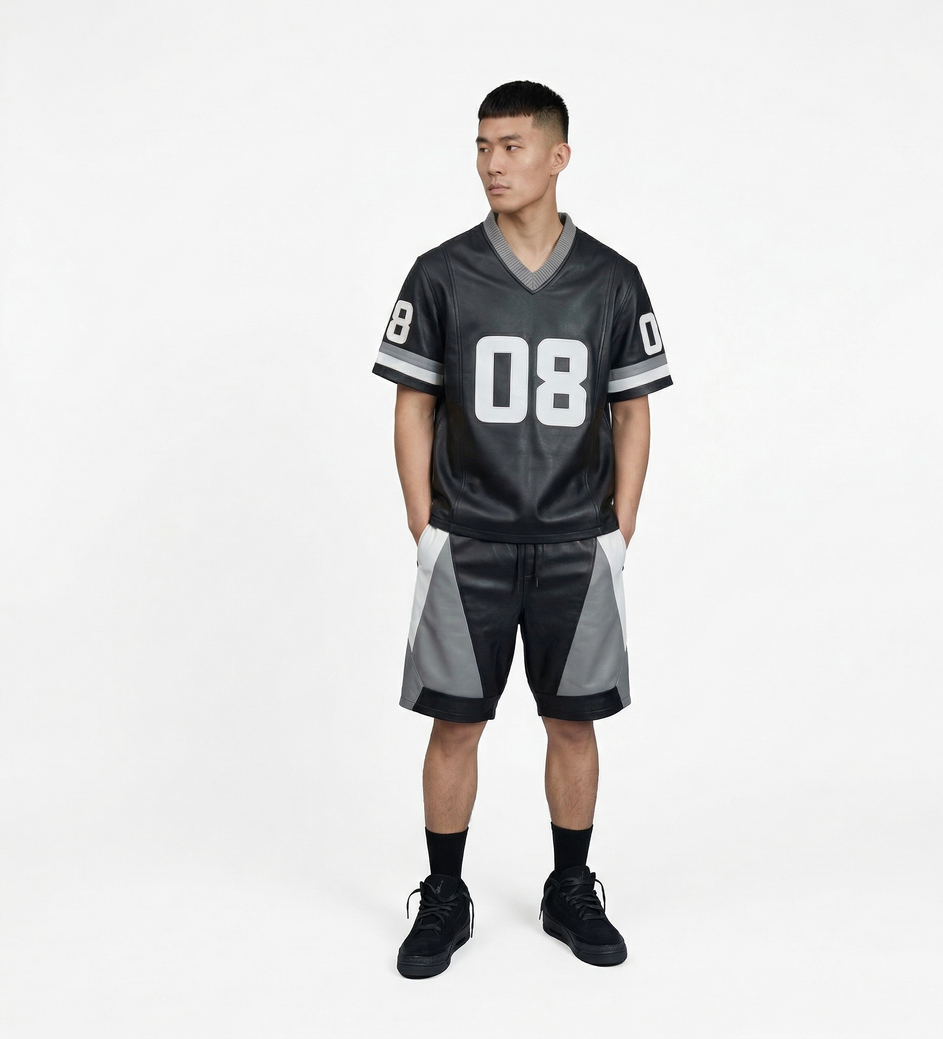 Men’s Urban Leather Jersey Outfit – Black Sportswear Two-Piece Set