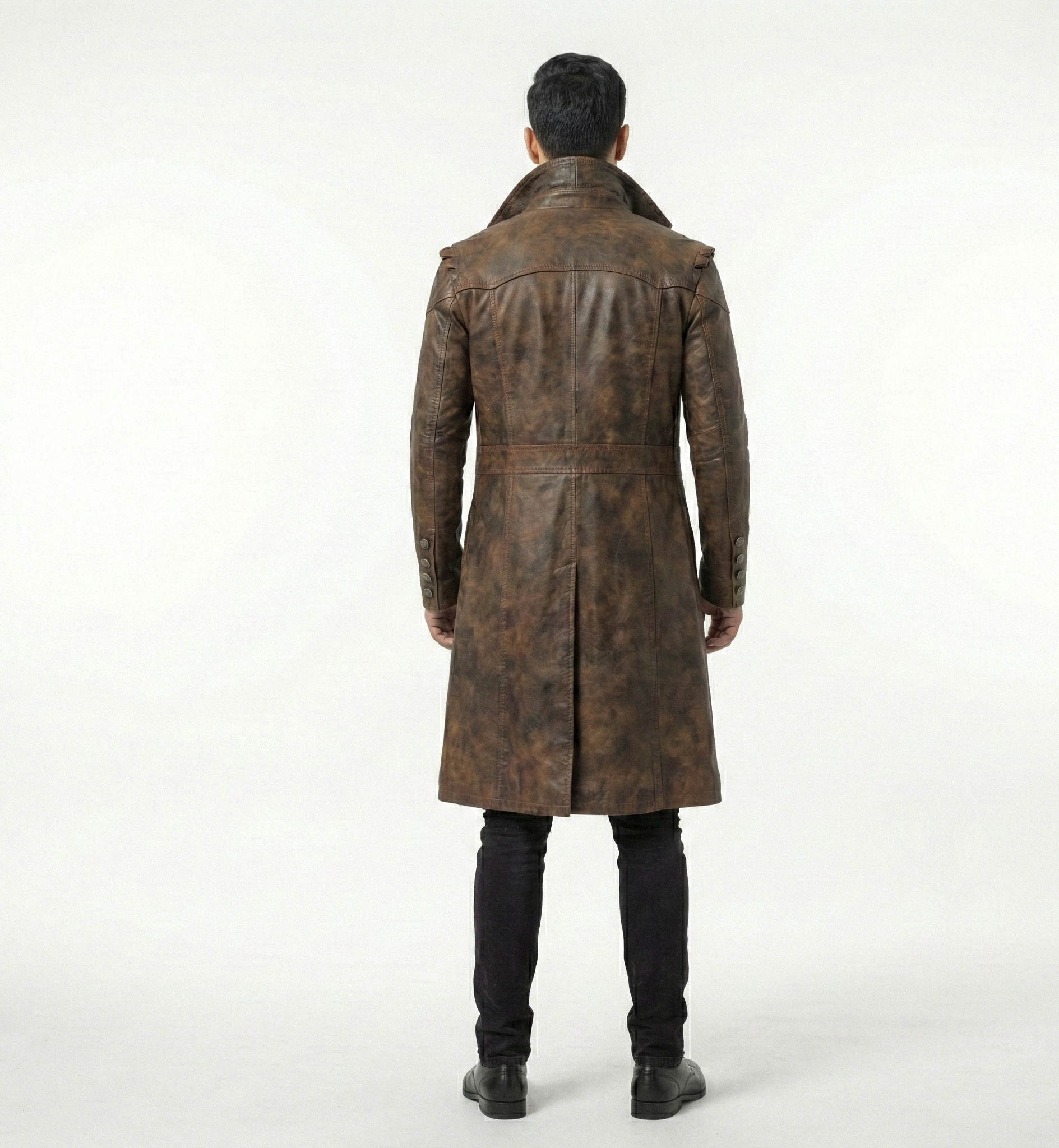 Men’s Brown Distressed Leather Long Trench Coat – Tailored Fit