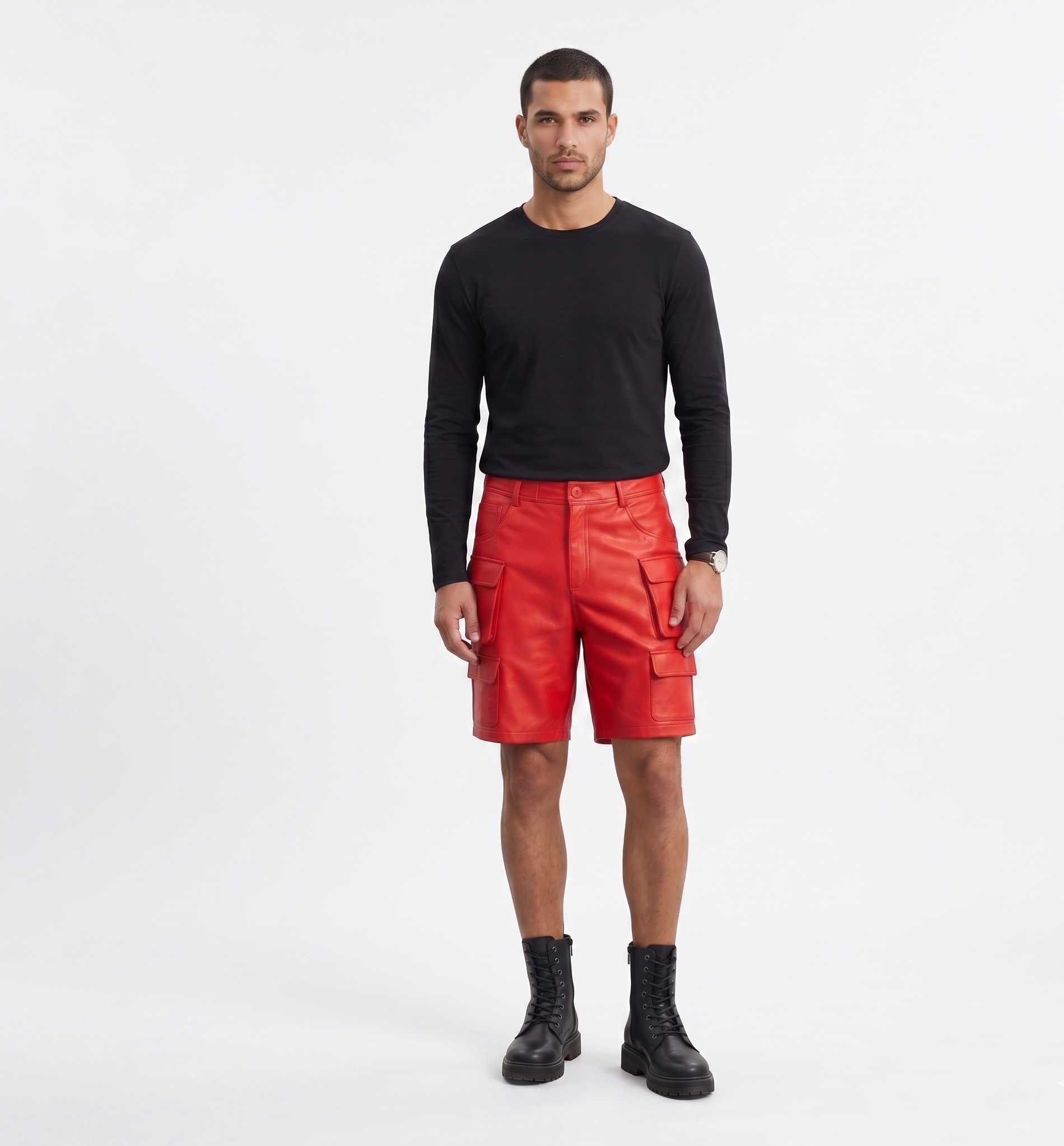 Men’s Red Leather Cargo Shorts – Urban Streetwear Fashion