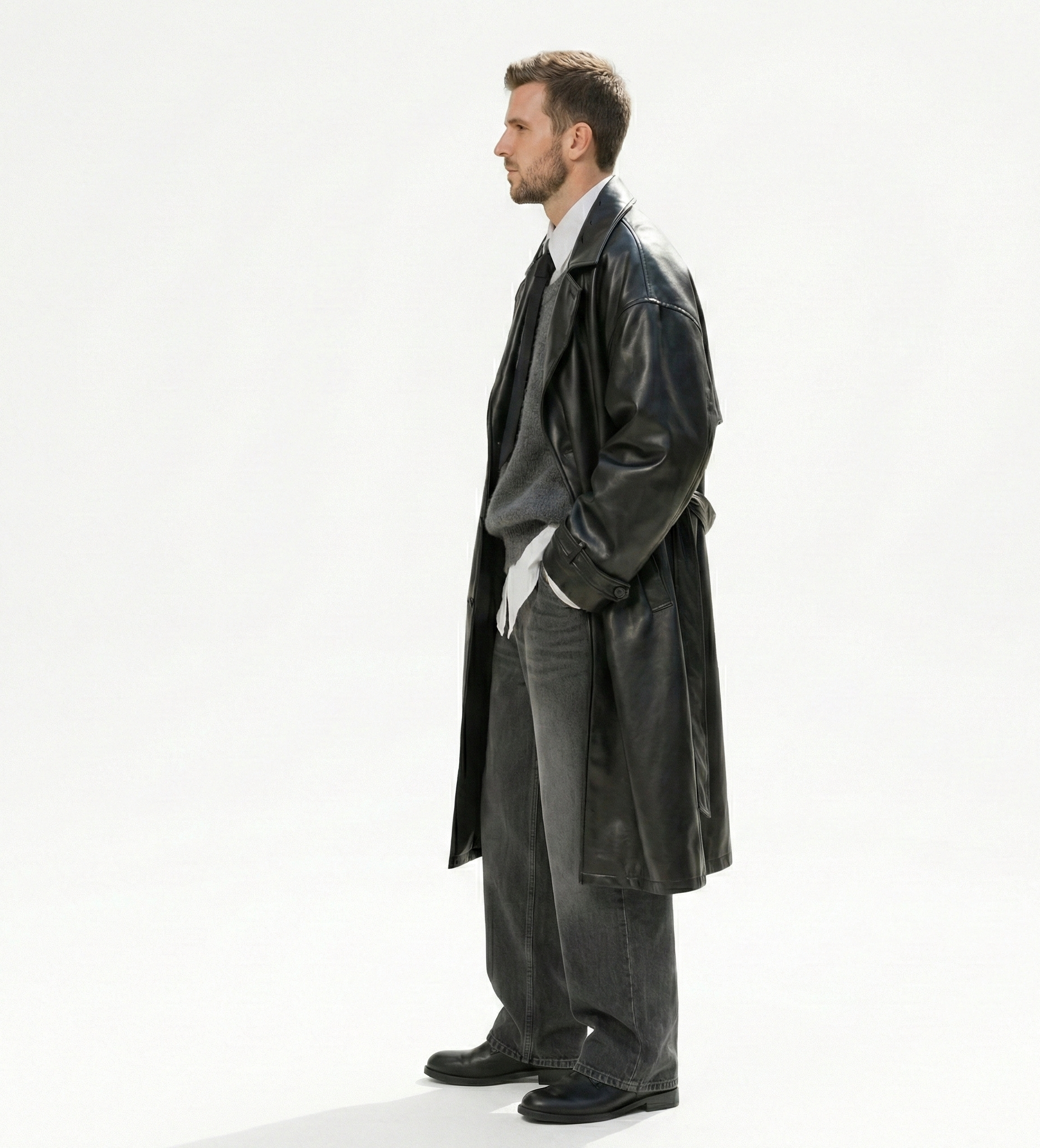 Men’s Black Leather Trench Coat – Relaxed Modern Outerwear
