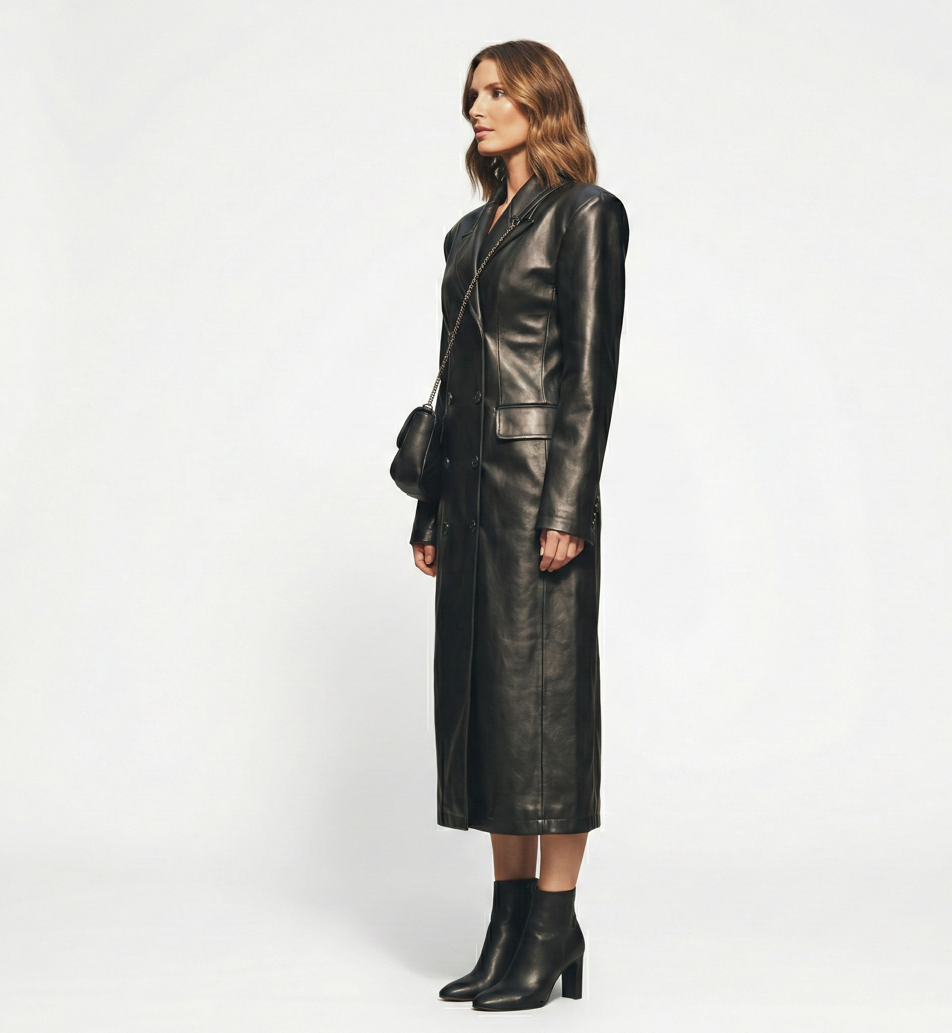 Women’s Classic Black Leather Trench Coat – Double-Breasted Midi Length