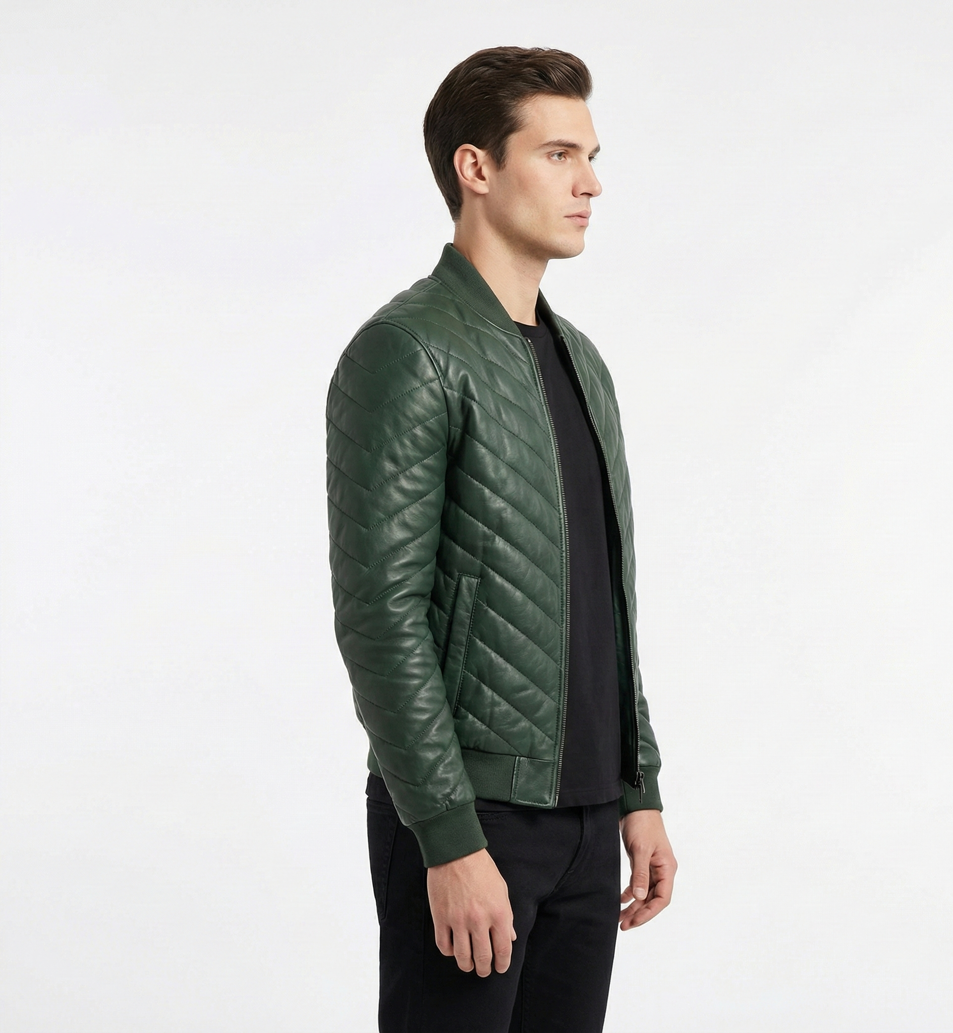 Men’s Green Quilted Leather Jacket – Zip Front Bomber