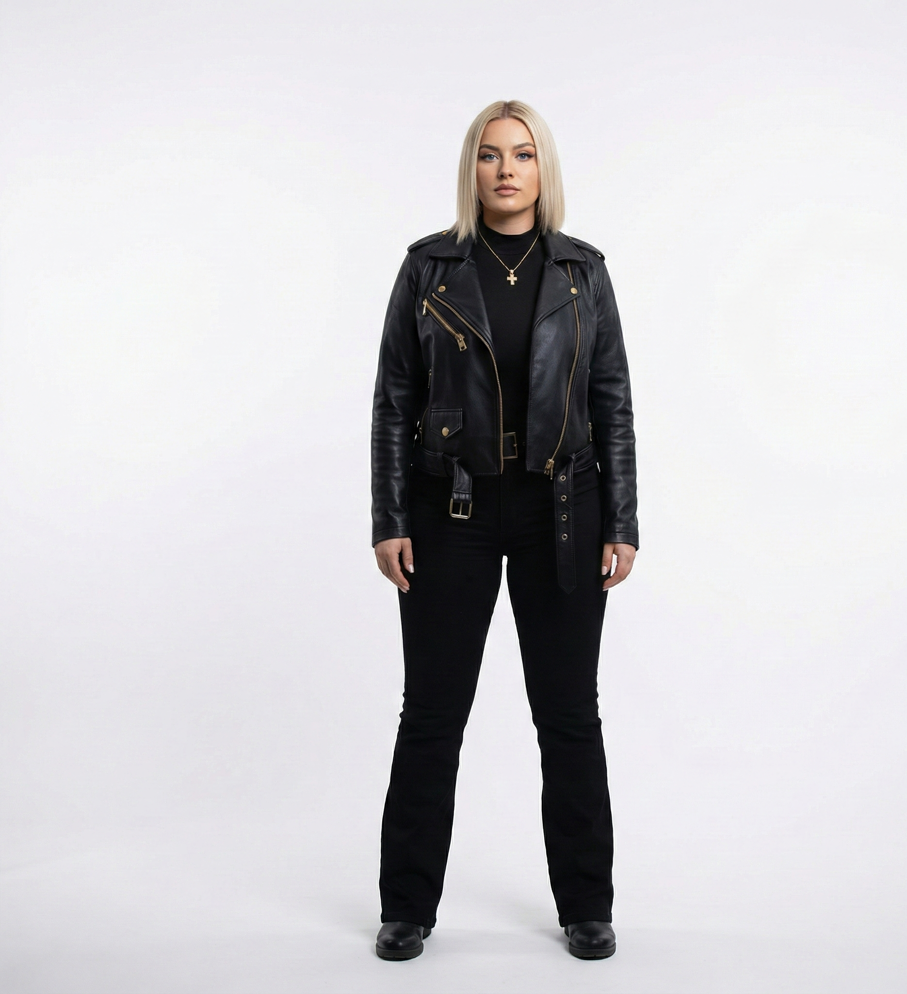 Women’s Black Leather Moto Jacket – Classic Biker Style with Belt