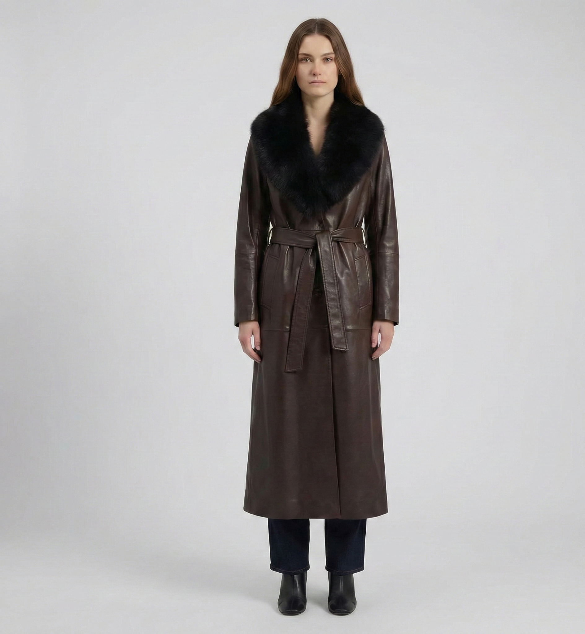 Women’s Brown Leather Trench Coat with Fur Collar – Belted Winter Coat