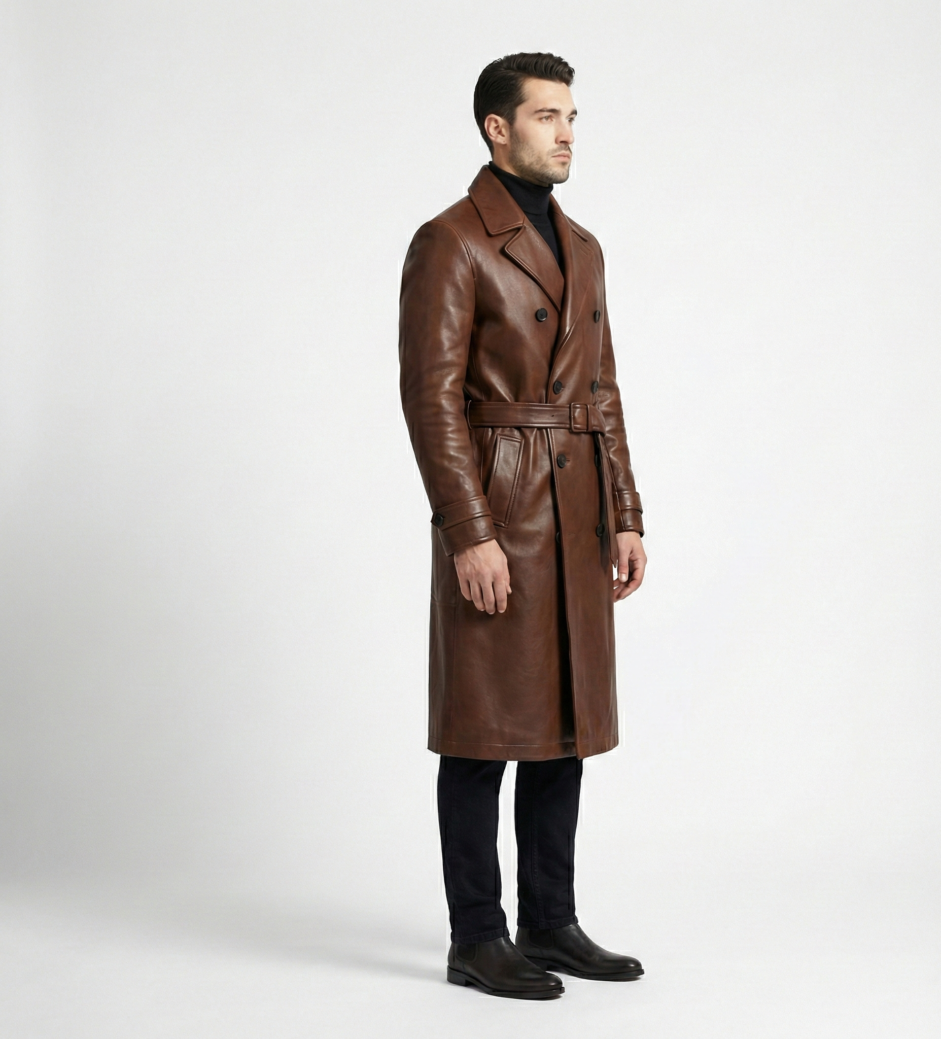 Men’s Brown Leather Double-Breasted Belted Trench Coat