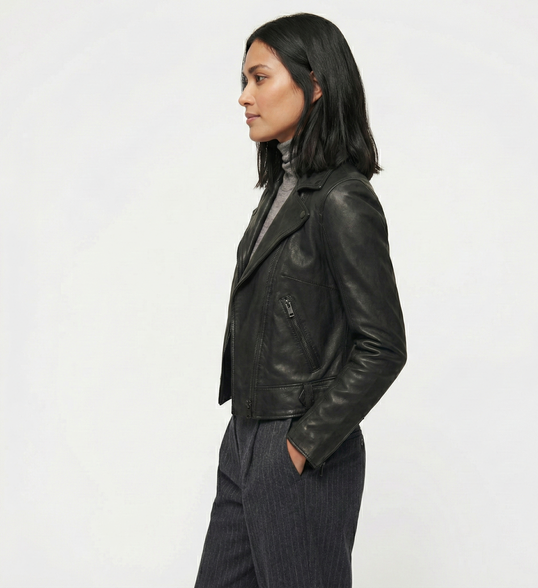 Women’s Black Leather Biker Jacket with Zip Front