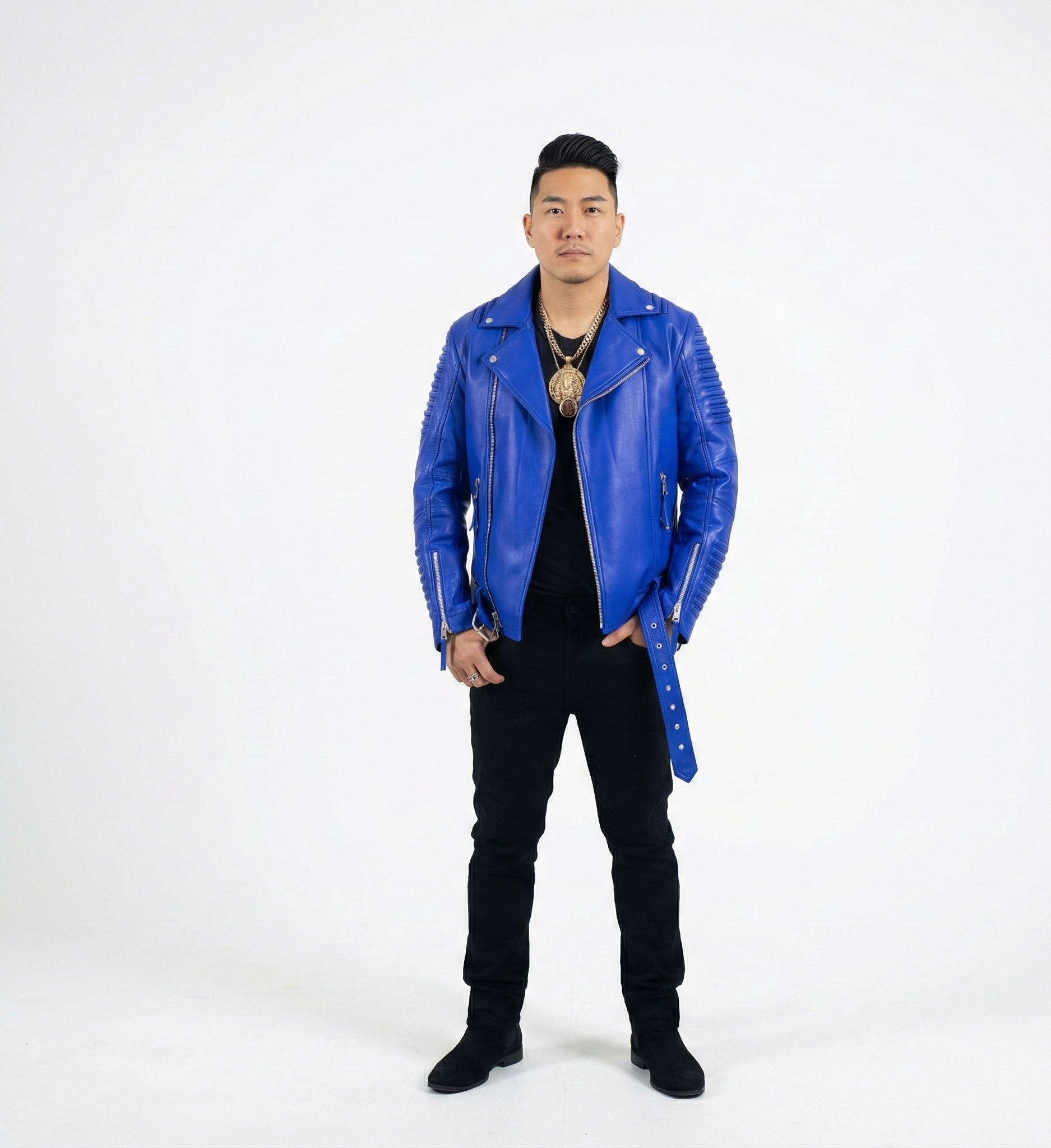 Men’s Royal Blue Leather Biker Jacket with Ribbed Sleeves