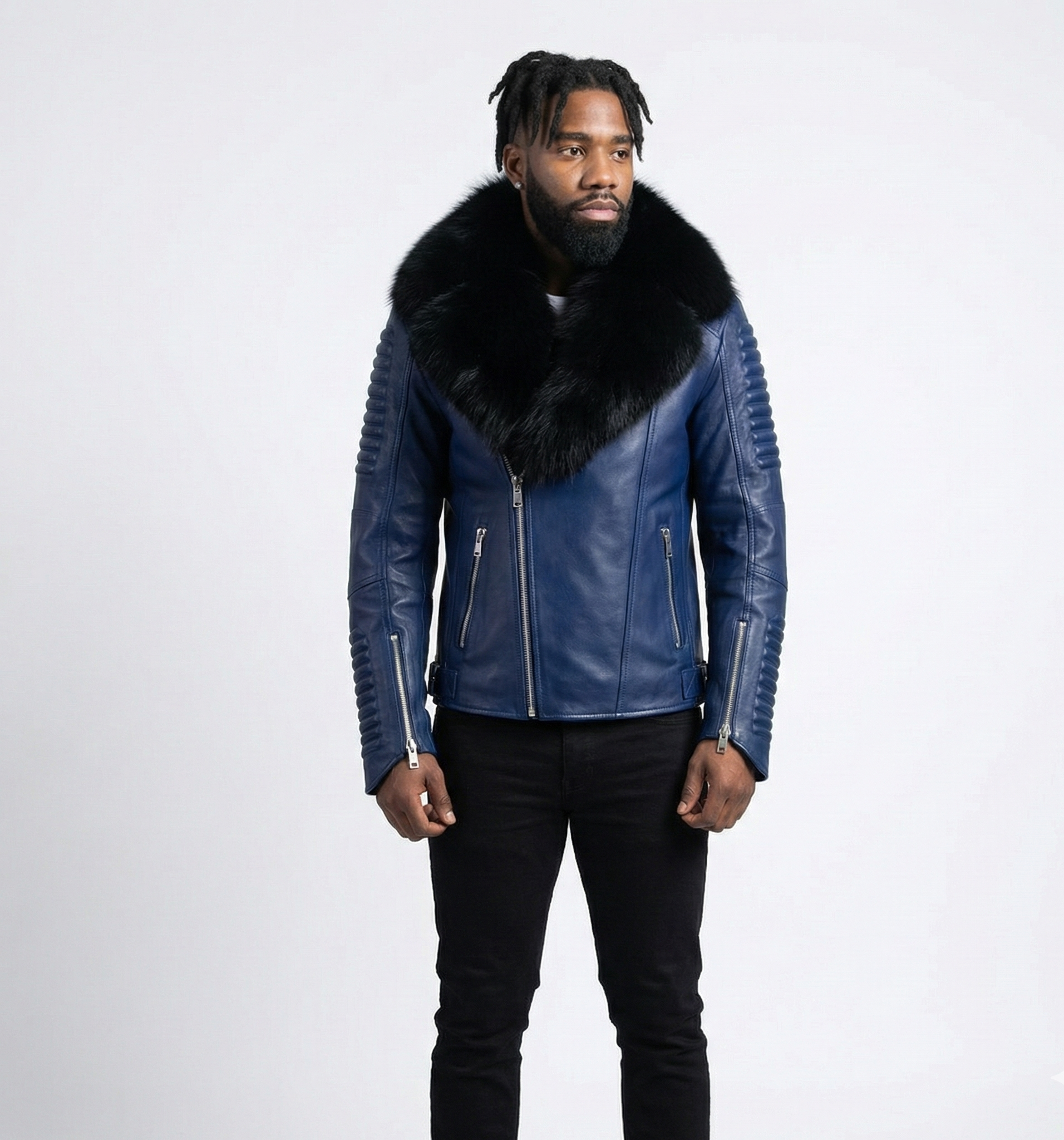 Men’s Blue Leather Biker Jacket with Black Fur Collar – Premium Coat