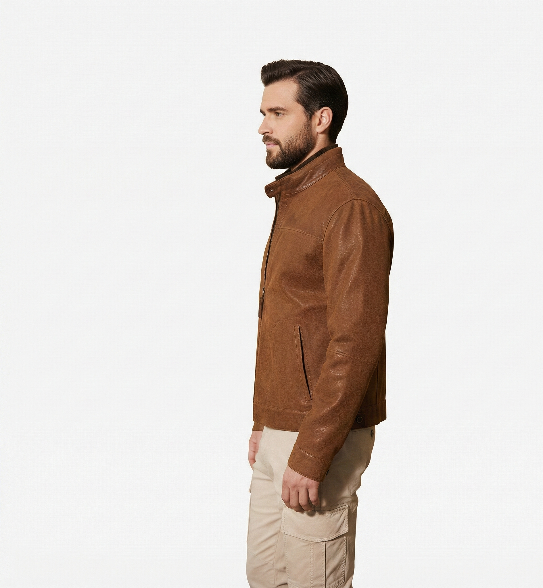 Men’s Brown Leather Jacket with Stand Collar