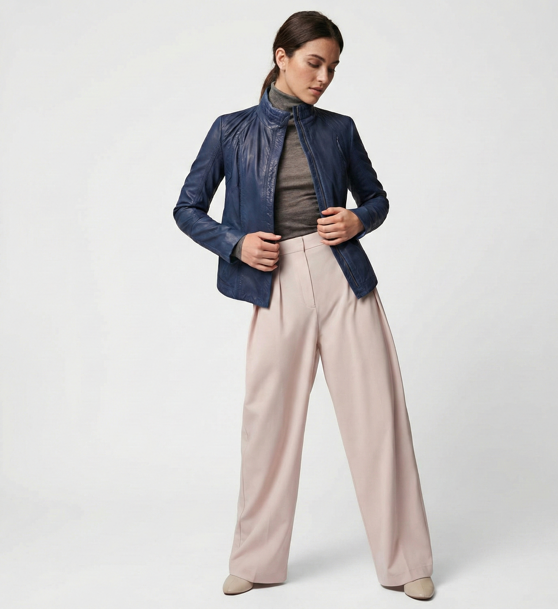 Women’s Navy Blue Leather Jacket with Zip Front