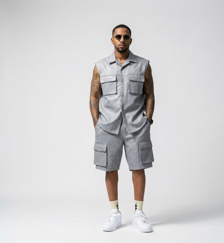 Men’s Leather Cargo Shorts – Slate Gray