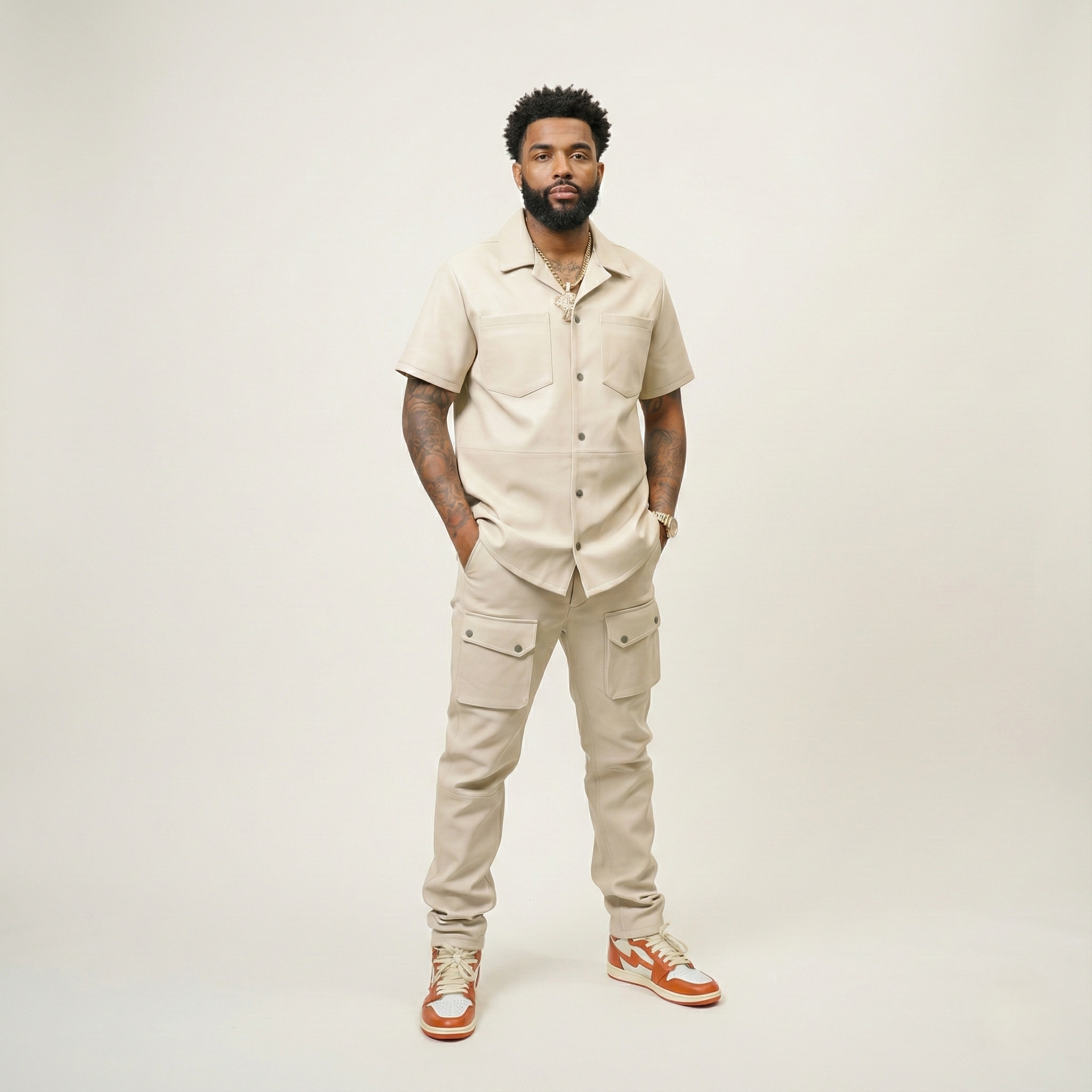Men’s Cream Short Sleeve Shirt & Cargo Pants Set – Modern Streetwear Outfit
