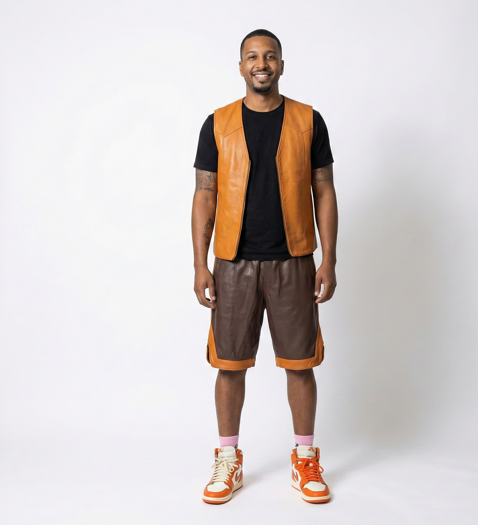 Men’s Two-Tone Leather Shorts – Brown Casual Fit