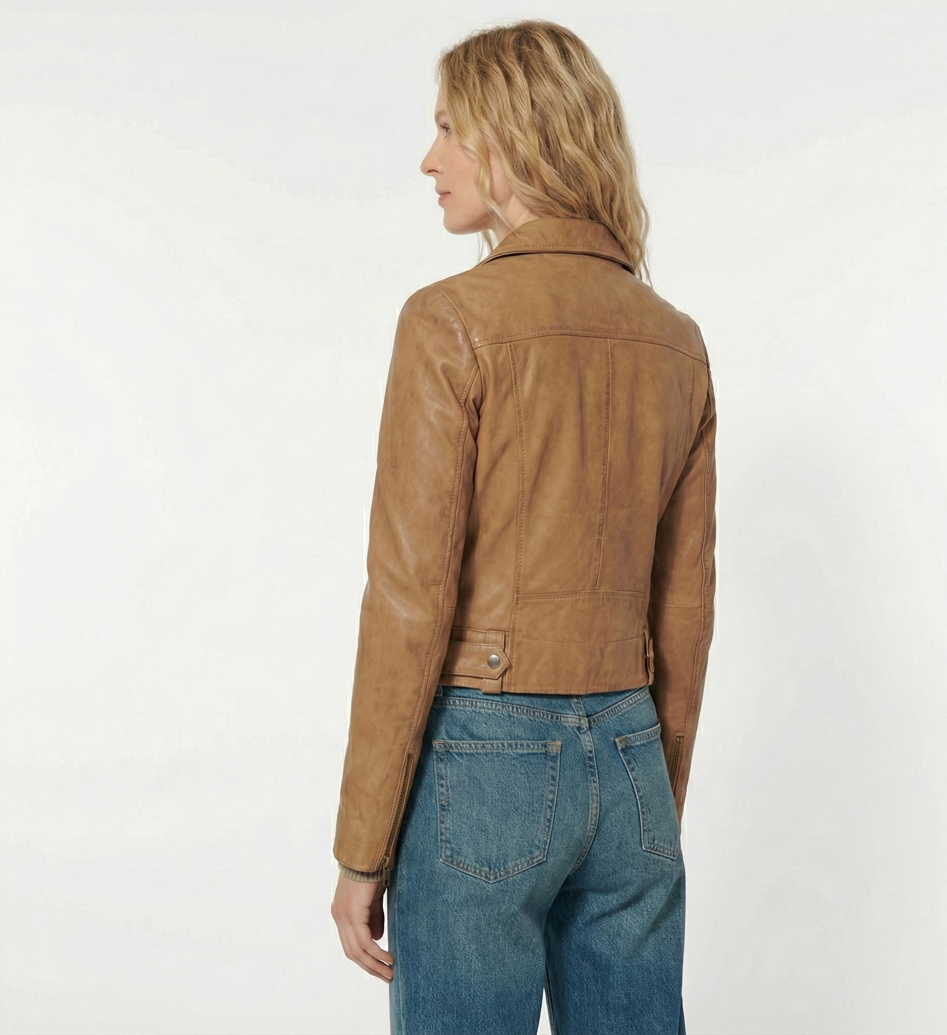 Women’s Tan Leather Biker Jacket with Zip Pockets