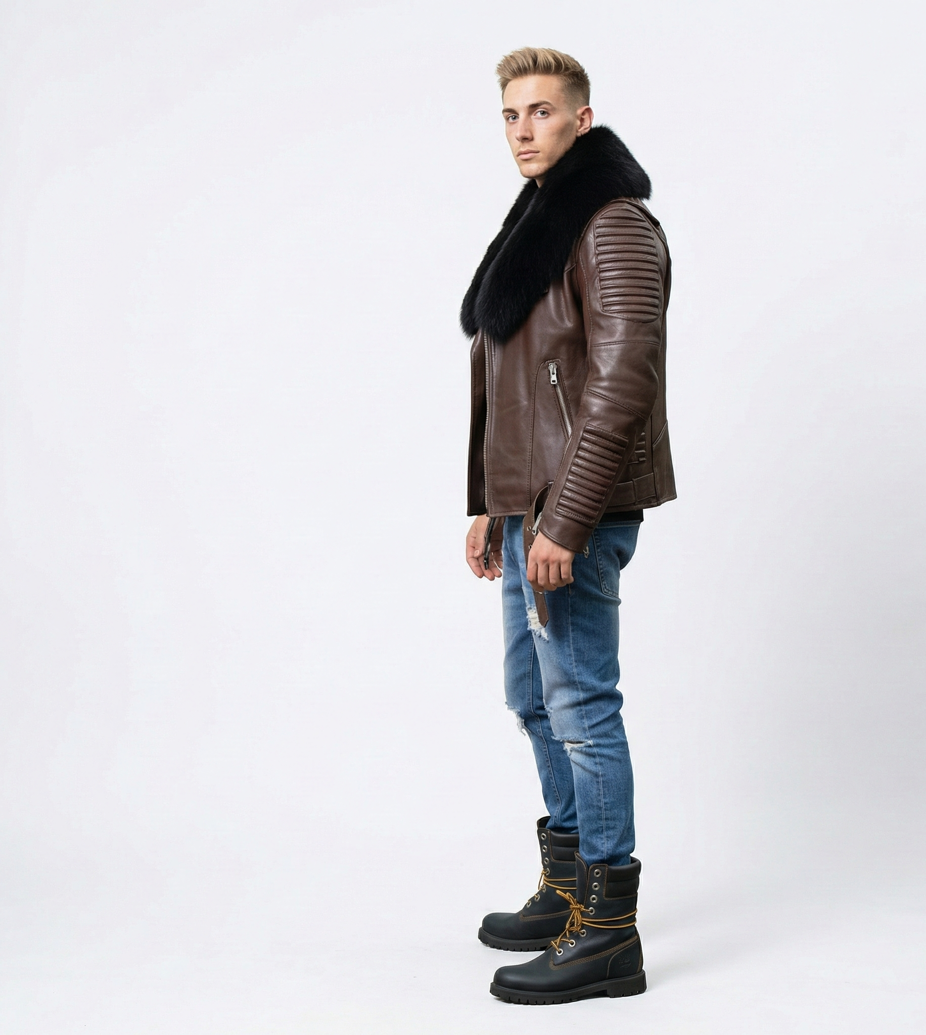 Men’s Leather Biker Jacket with Fur Collar – Brown Statement Outerwear