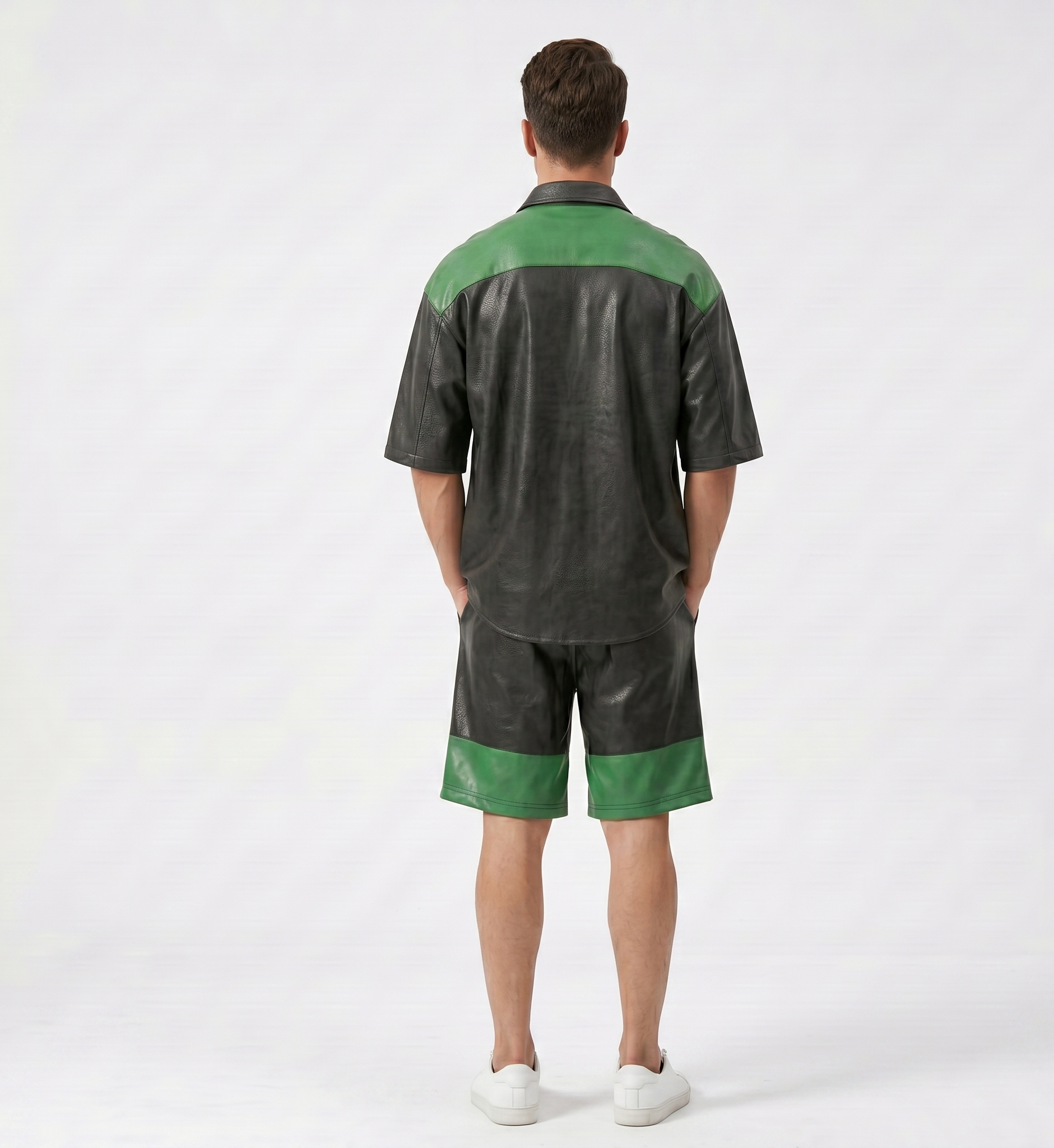 Men’s Black & Green Real Leather Shirt and Shorts Set – Luxury Streetwear