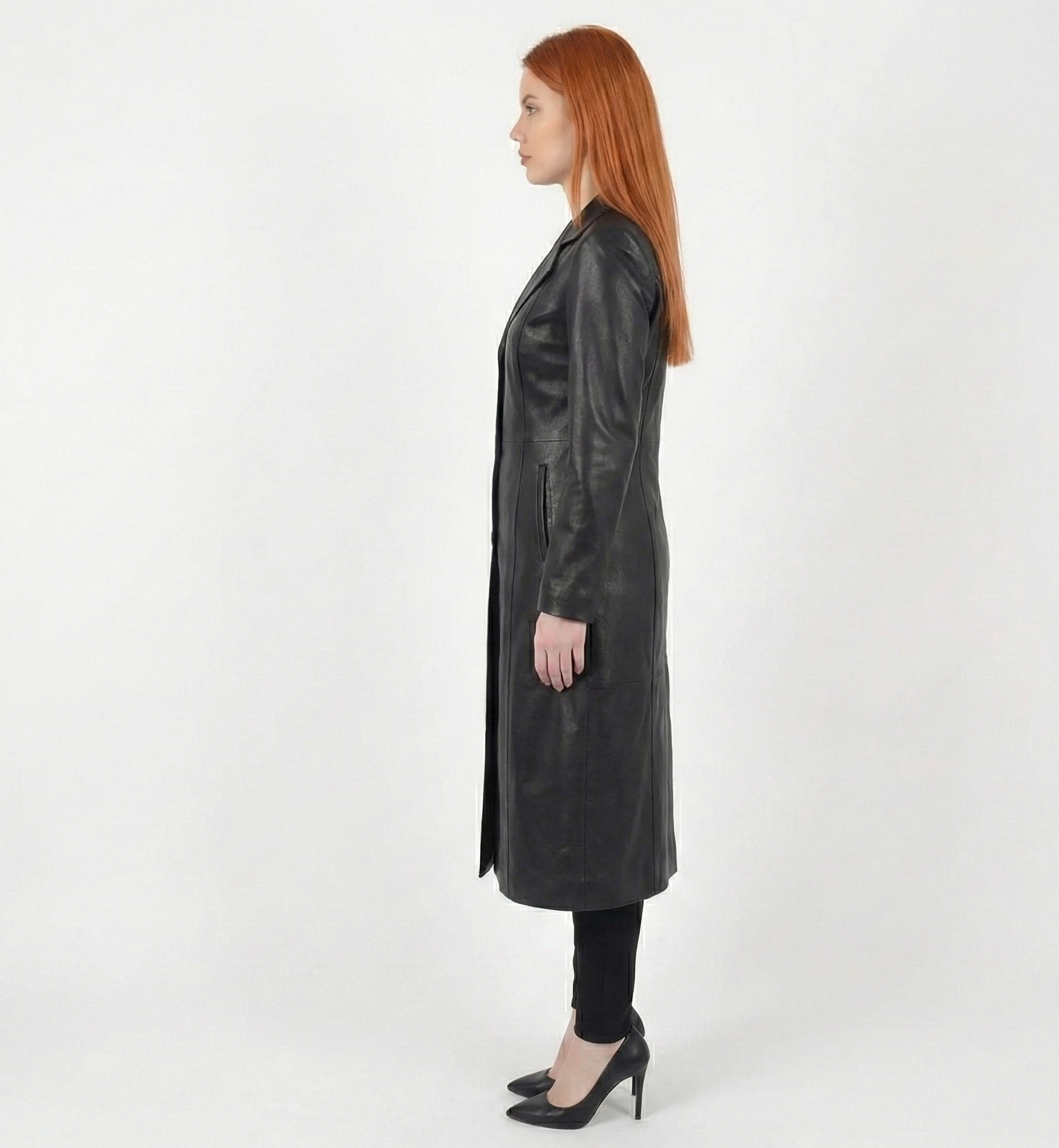Women’s Classic Black Leather Trench Coat – Tailored Longline Fit