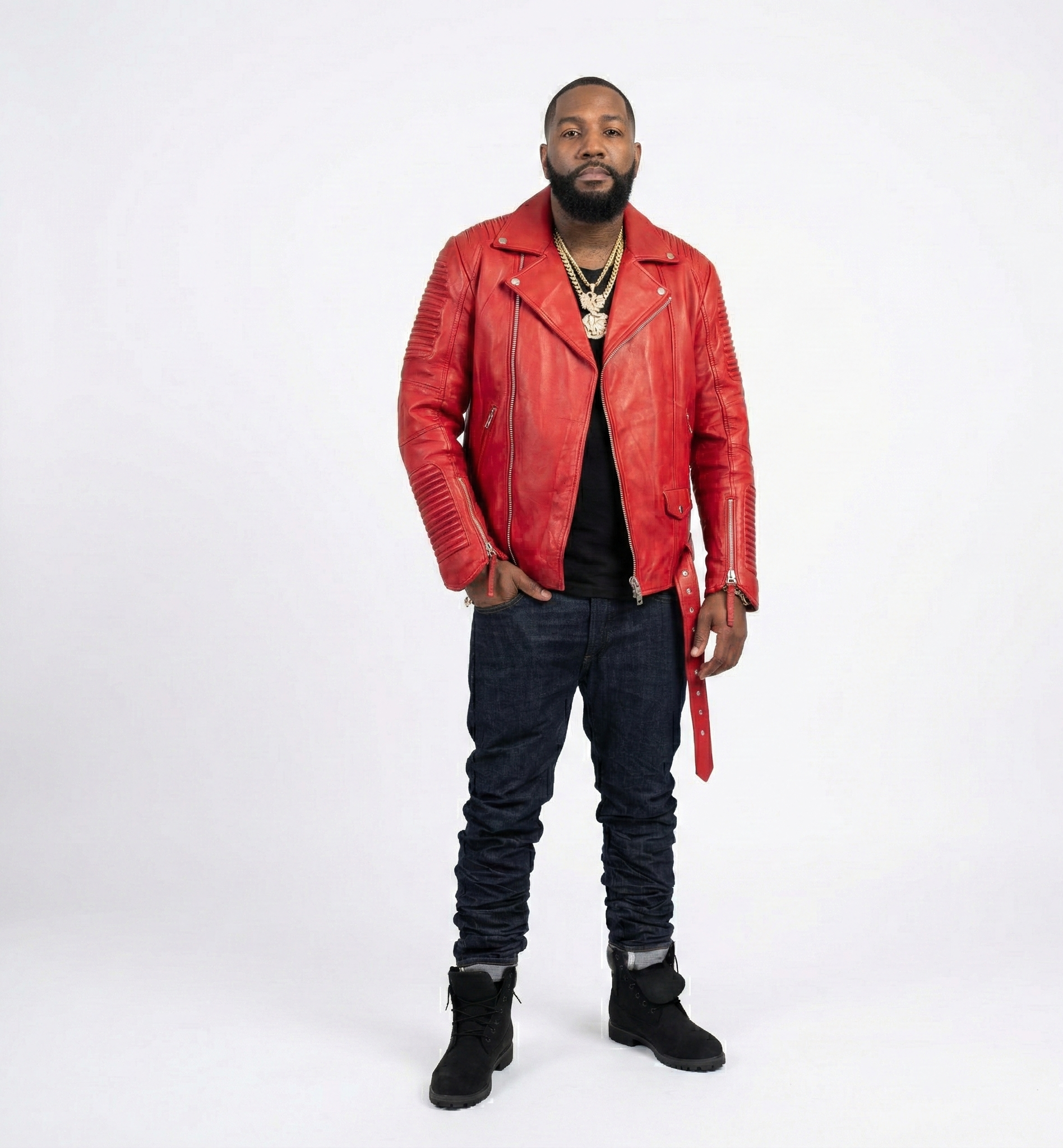 Men’s Red Leather Biker Jacket with Ribbed Sleeves