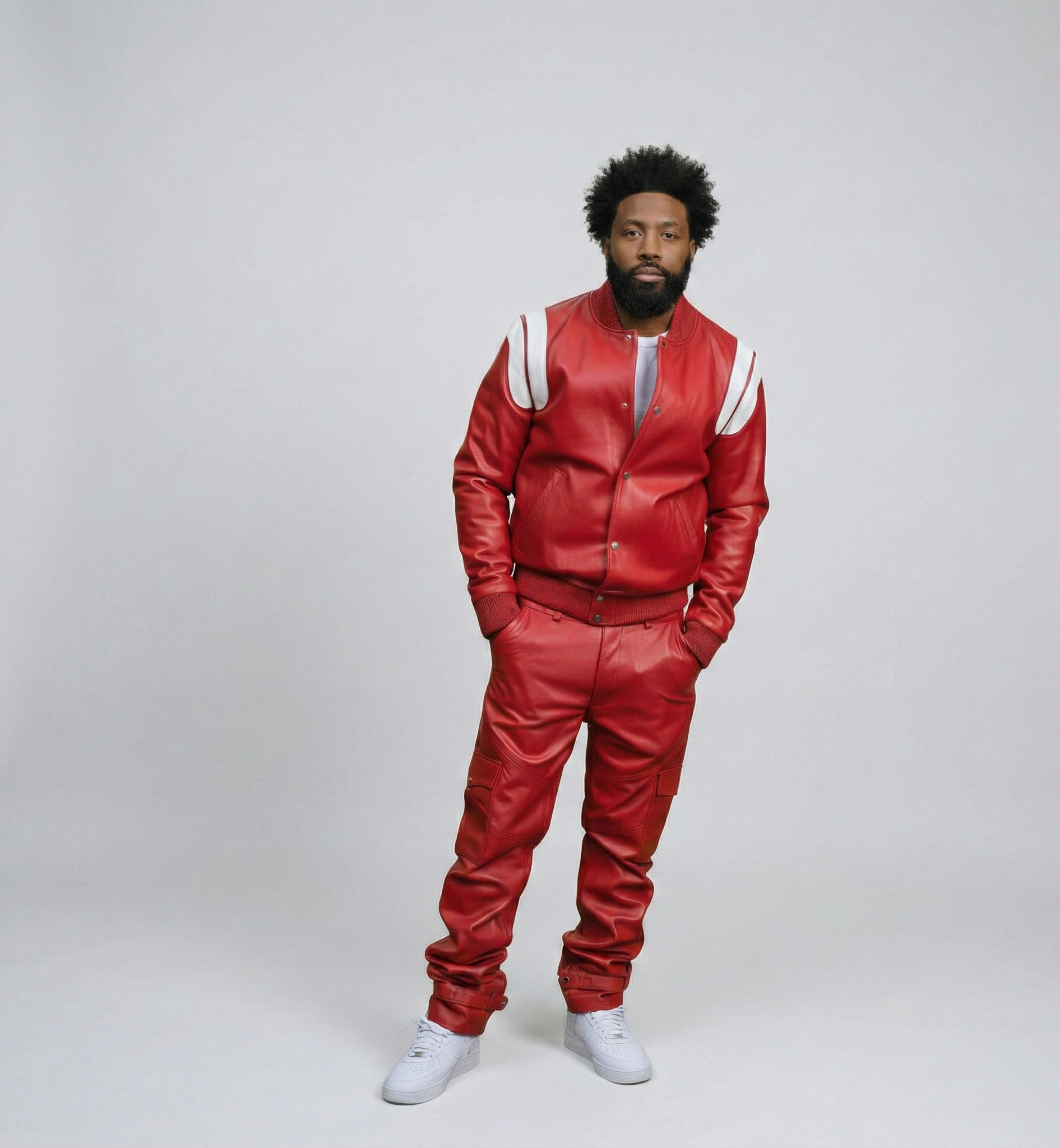 Men’s Red Leather Two-Piece Outfit Set with Jacket and Cargo Pants