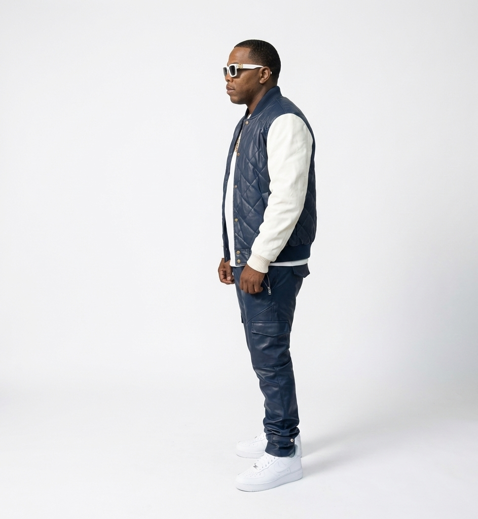 Men’s Navy Blue Quilted Leather Jacket and Pants Set