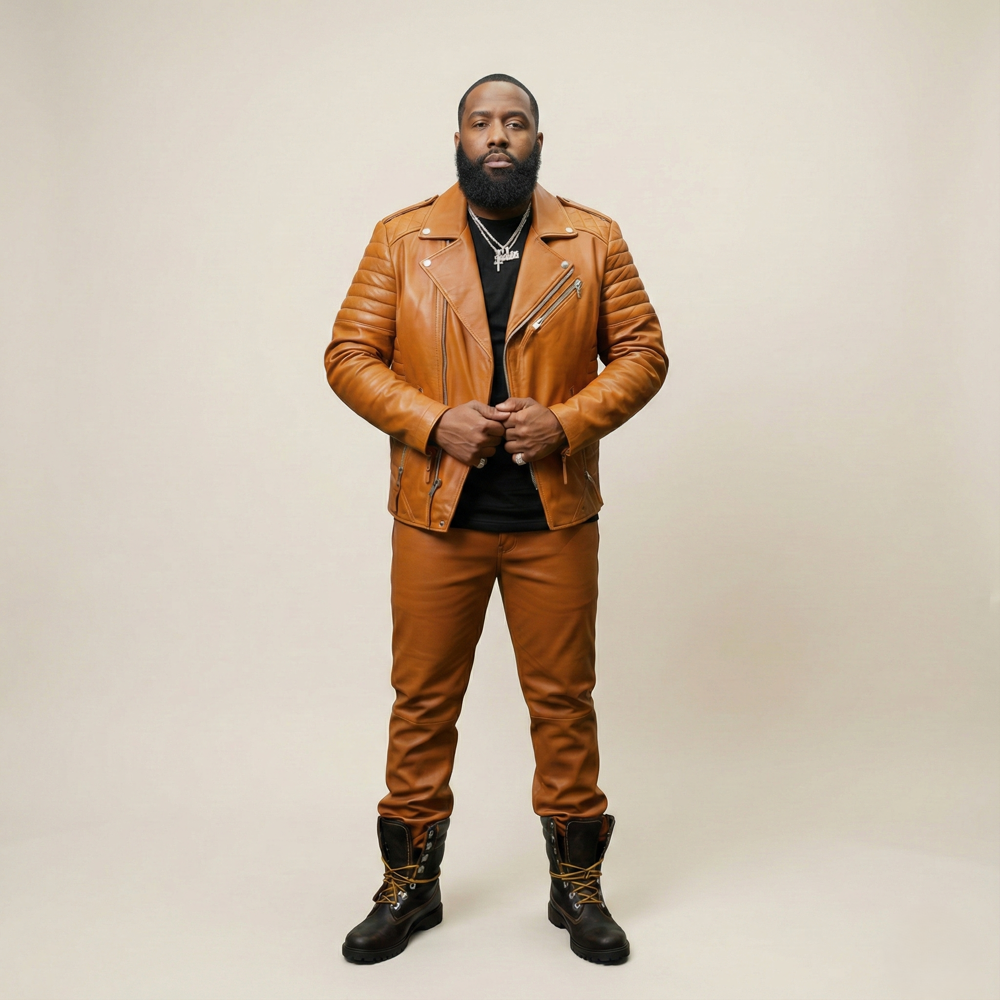 Men’s Brown Leather Jacket & Pants Set – Quilted Moto Style Outfit