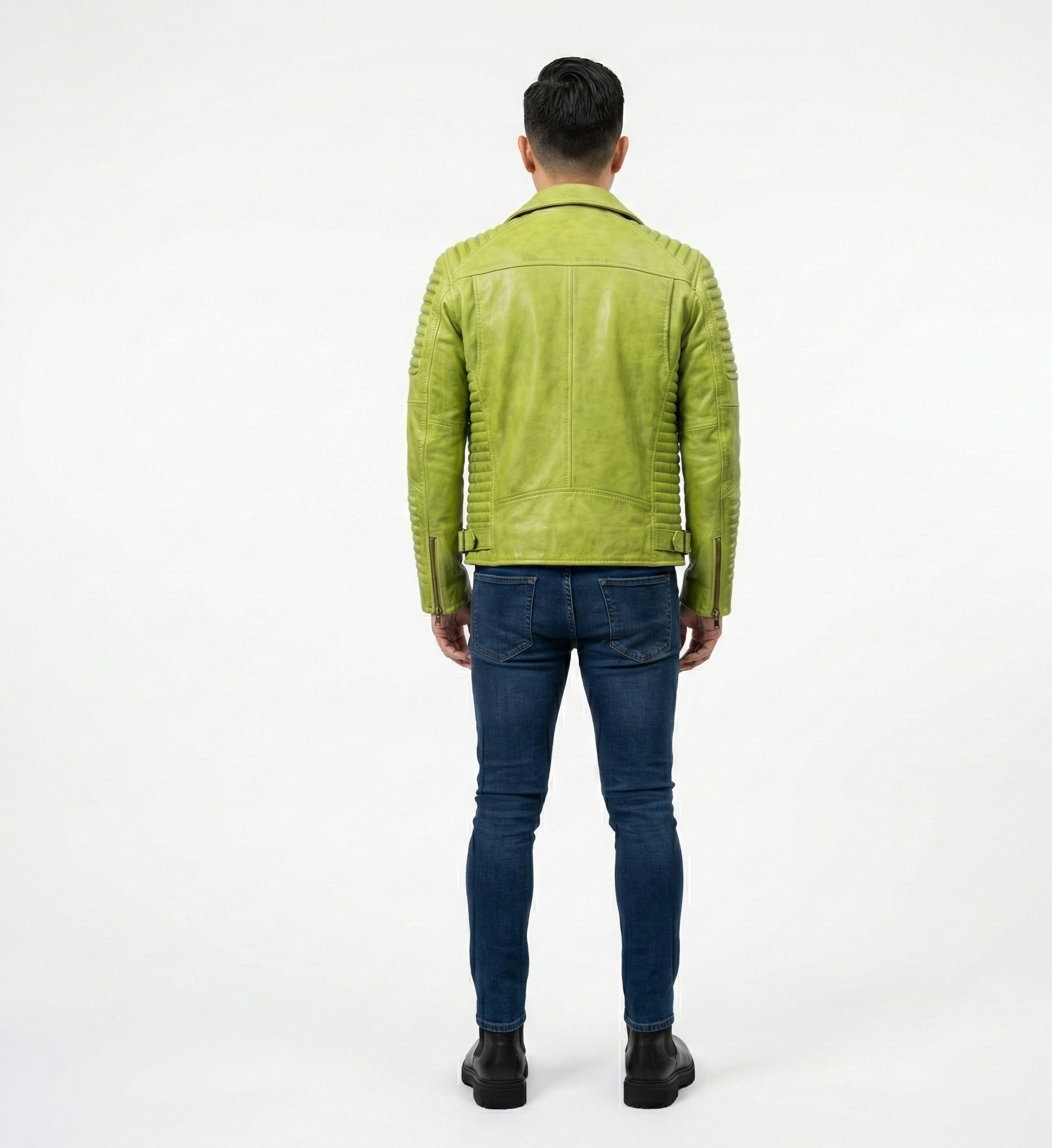 Men’s Green Leather Moto Jacket with Ribbed Sleeves – Contemporary Biker Fashion