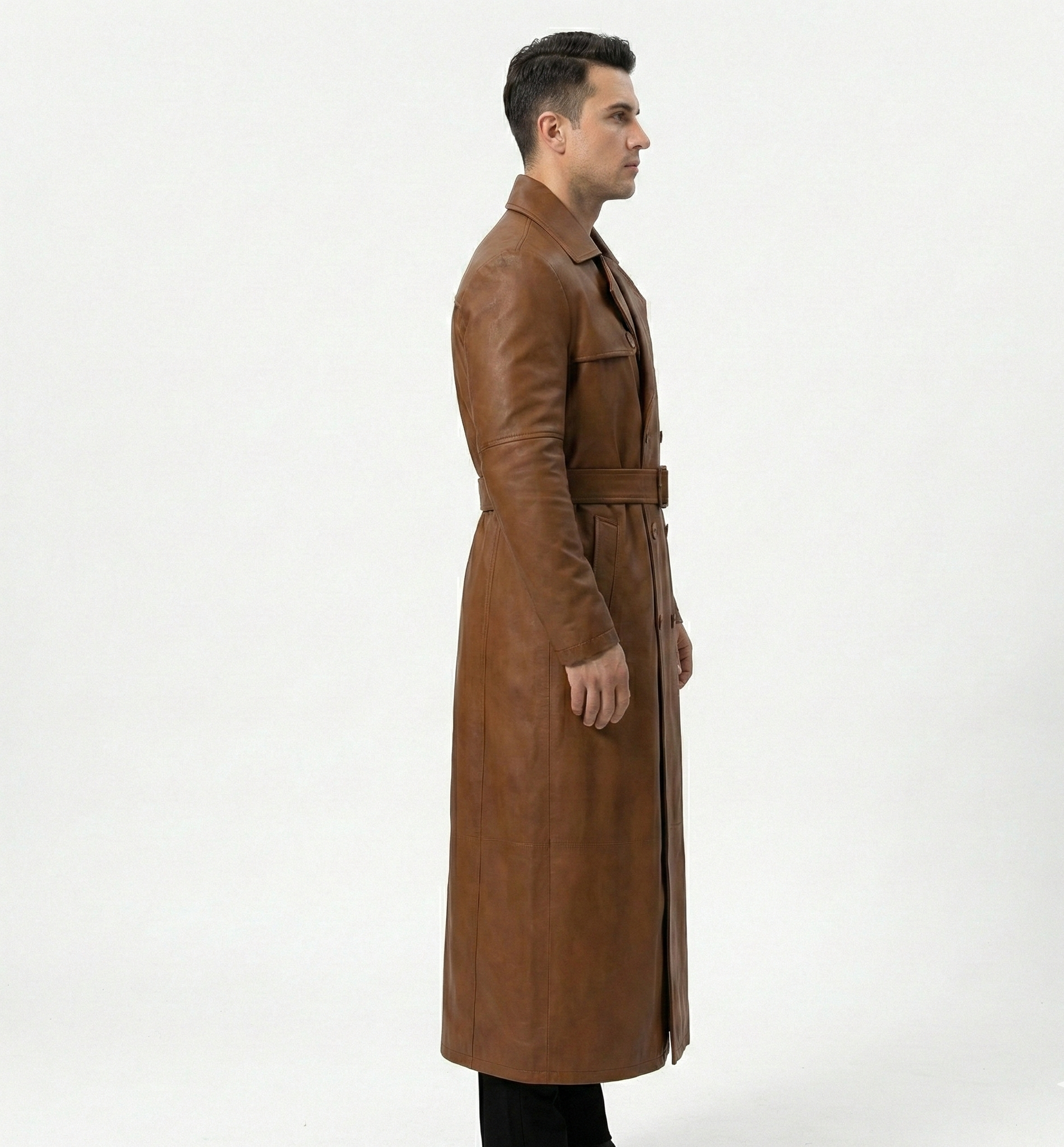 Men’s Brown Leather Long Trench Coat – Classic Outerwear