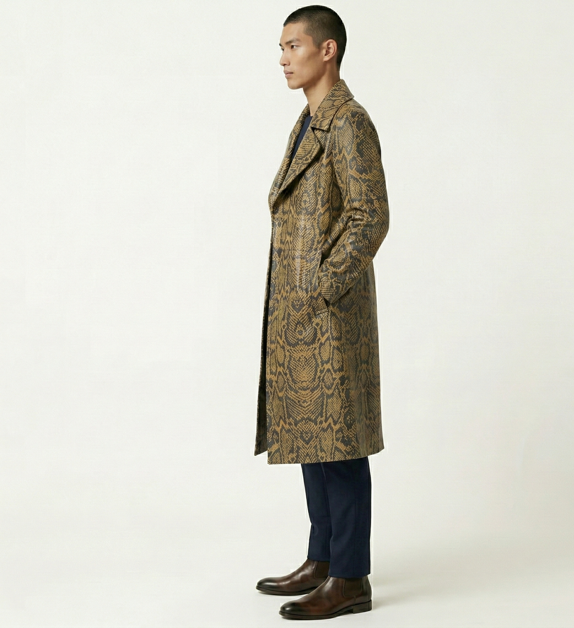 Men’s Brown Python Print Leather Trench Coat – Luxury Snake Pattern Designer Overcoat