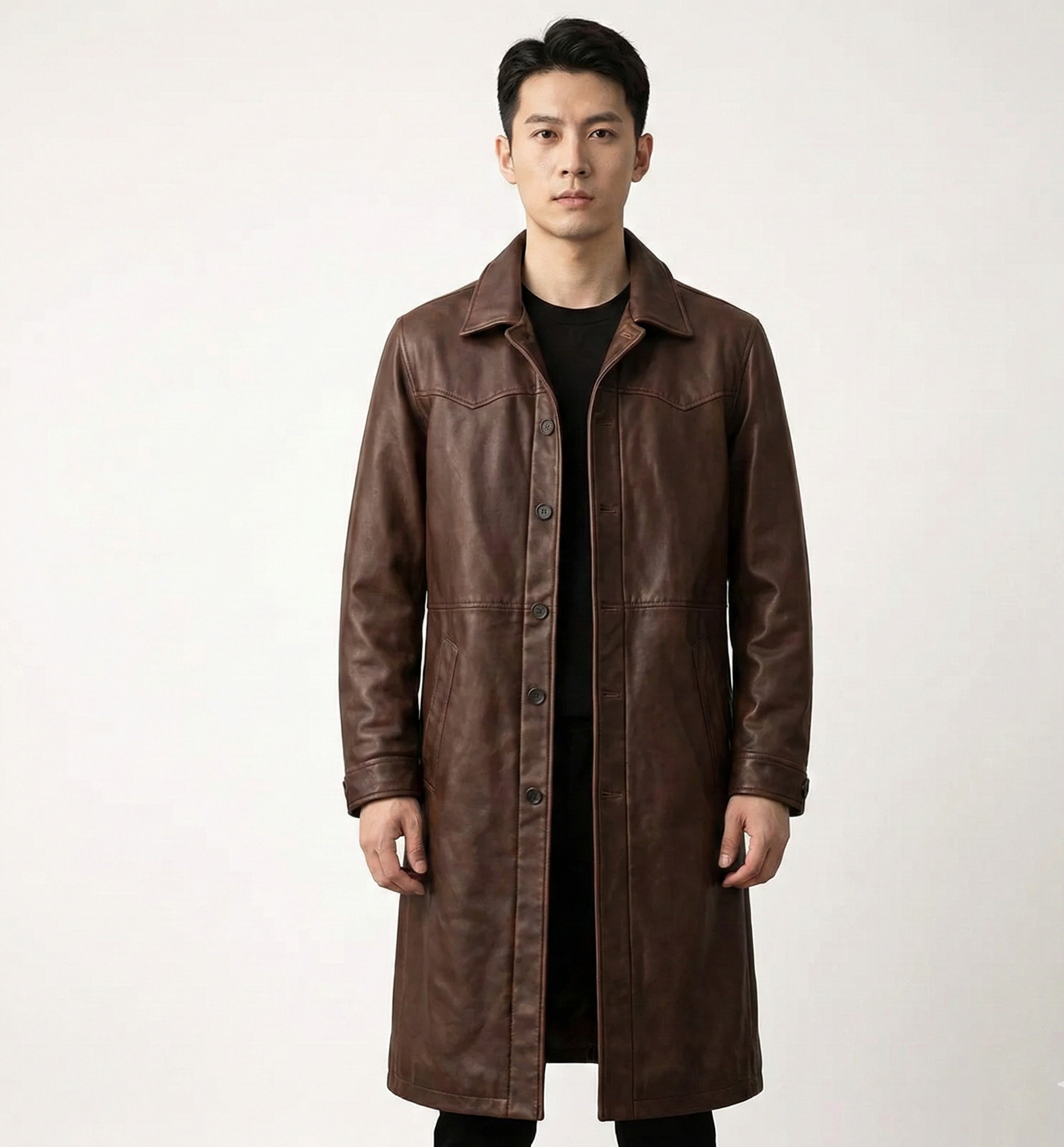 Men’s Brown Leather Trench Coat – Mid-Length Outerwear