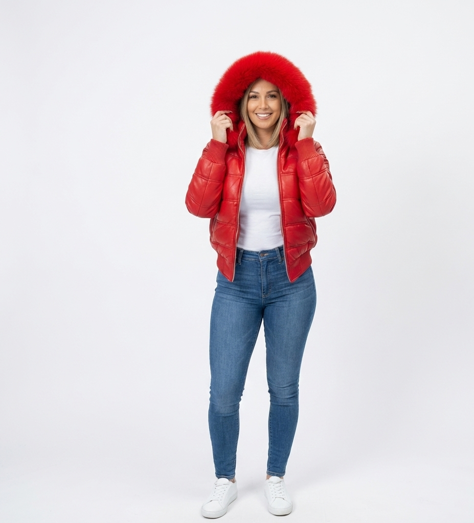 Women’s Red Puffer Jacket with Plush Fur Hood – Winter Wear
