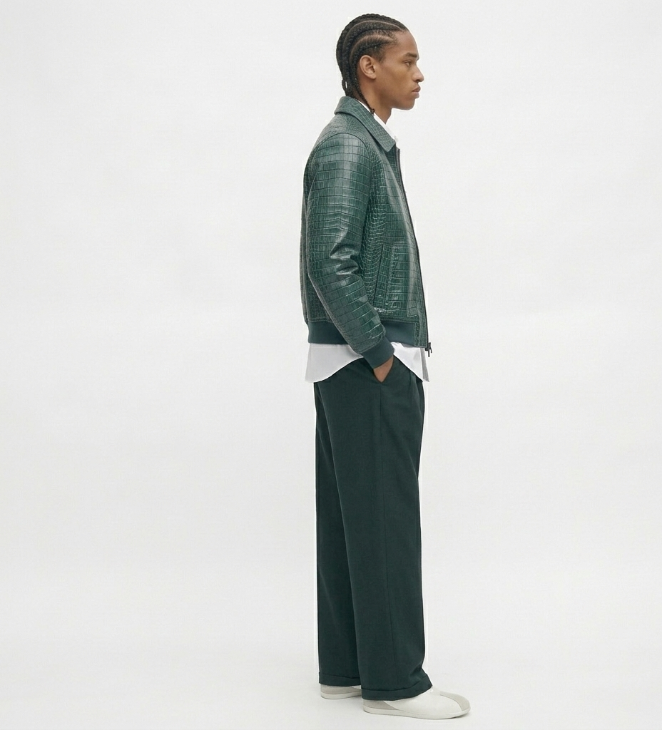 Luxury Men’s Crocodile Texture Green Leather Jacket – Designer Streetwear