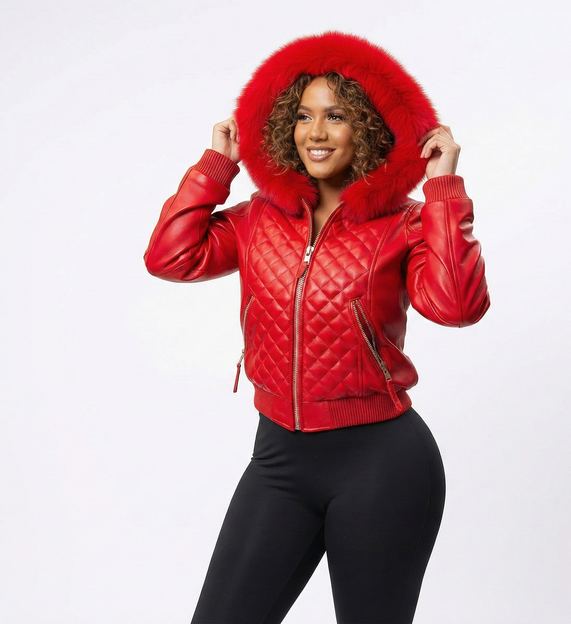 Women’s Red Leather Jacket with Quilted Design & Fur Hood