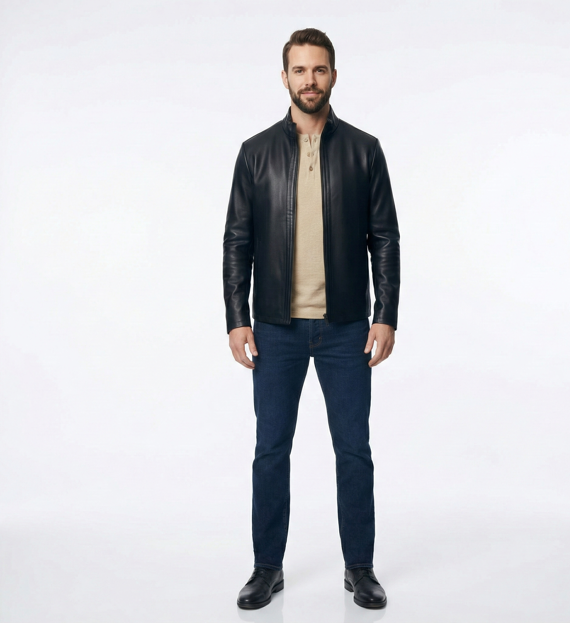 Men’s Black Leather Jacket Slim Fit Zip-Up Stand Collar