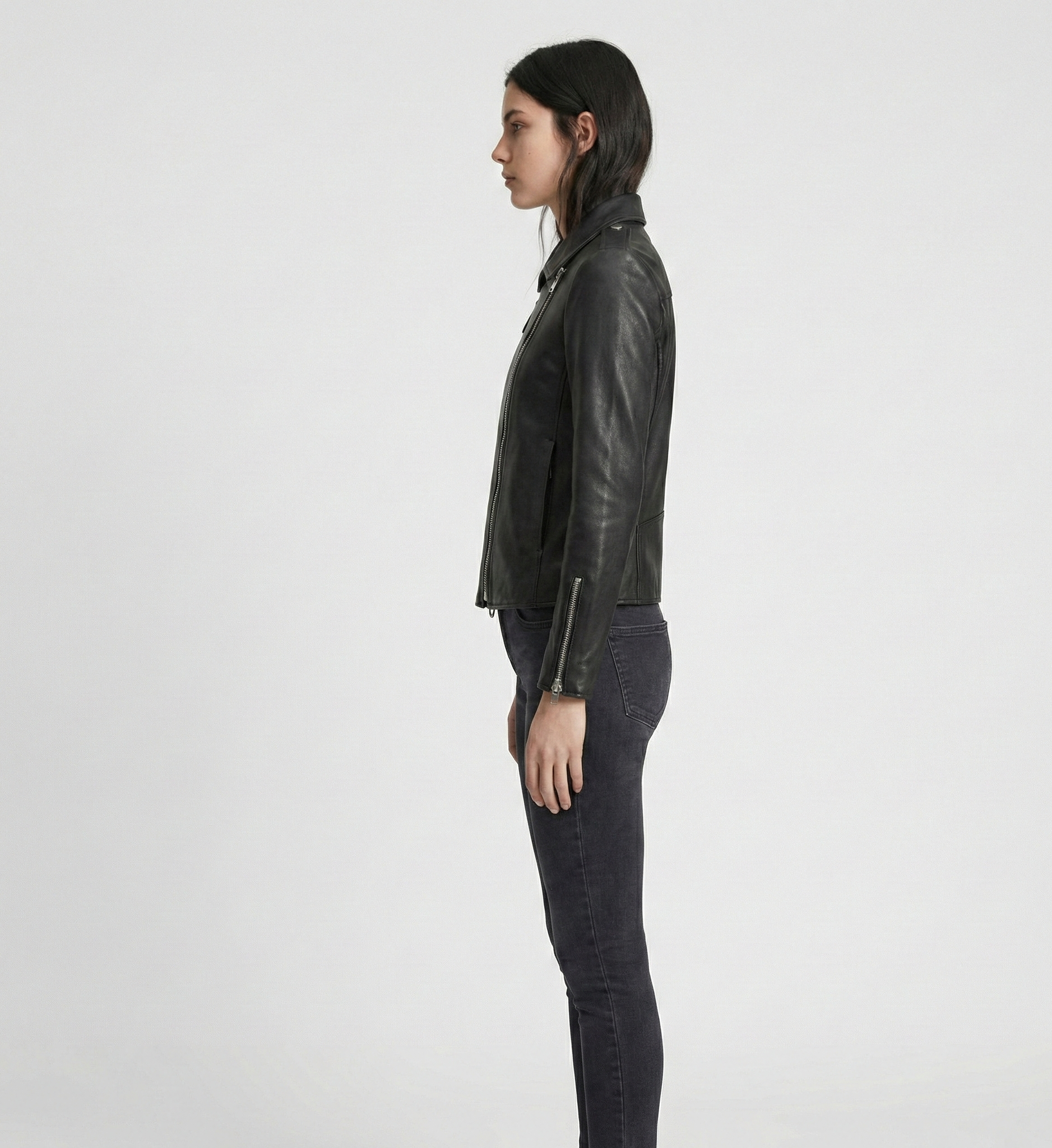 Women’s Black Leather Zip Jacket with Double Zipper & Modern Fit