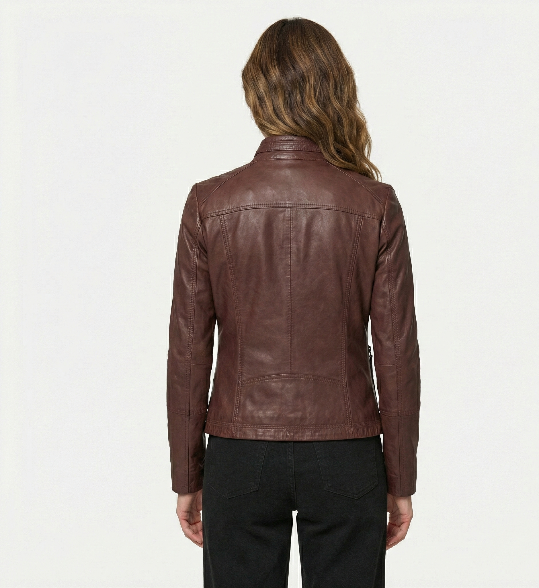 Women’s Brown Leather Jacket with Stand Collar