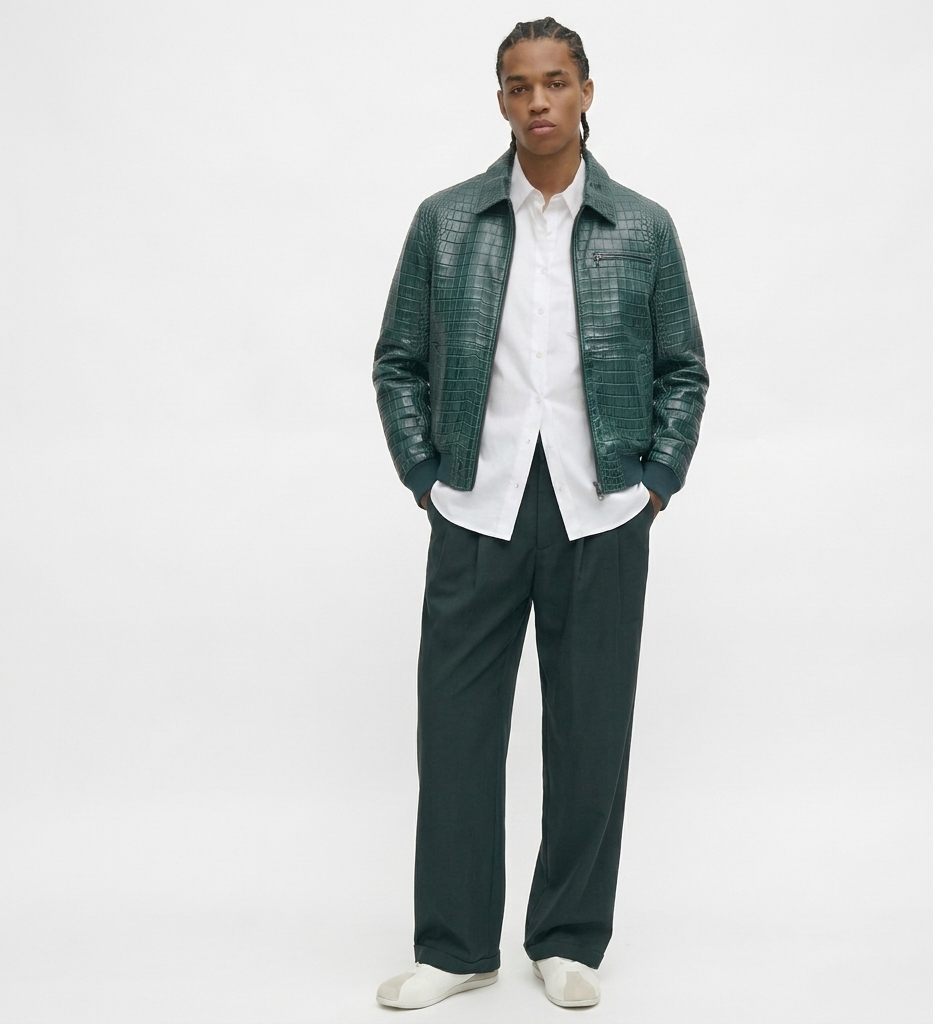 Luxury Men’s Crocodile Texture Green Leather Jacket – Designer Streetwear