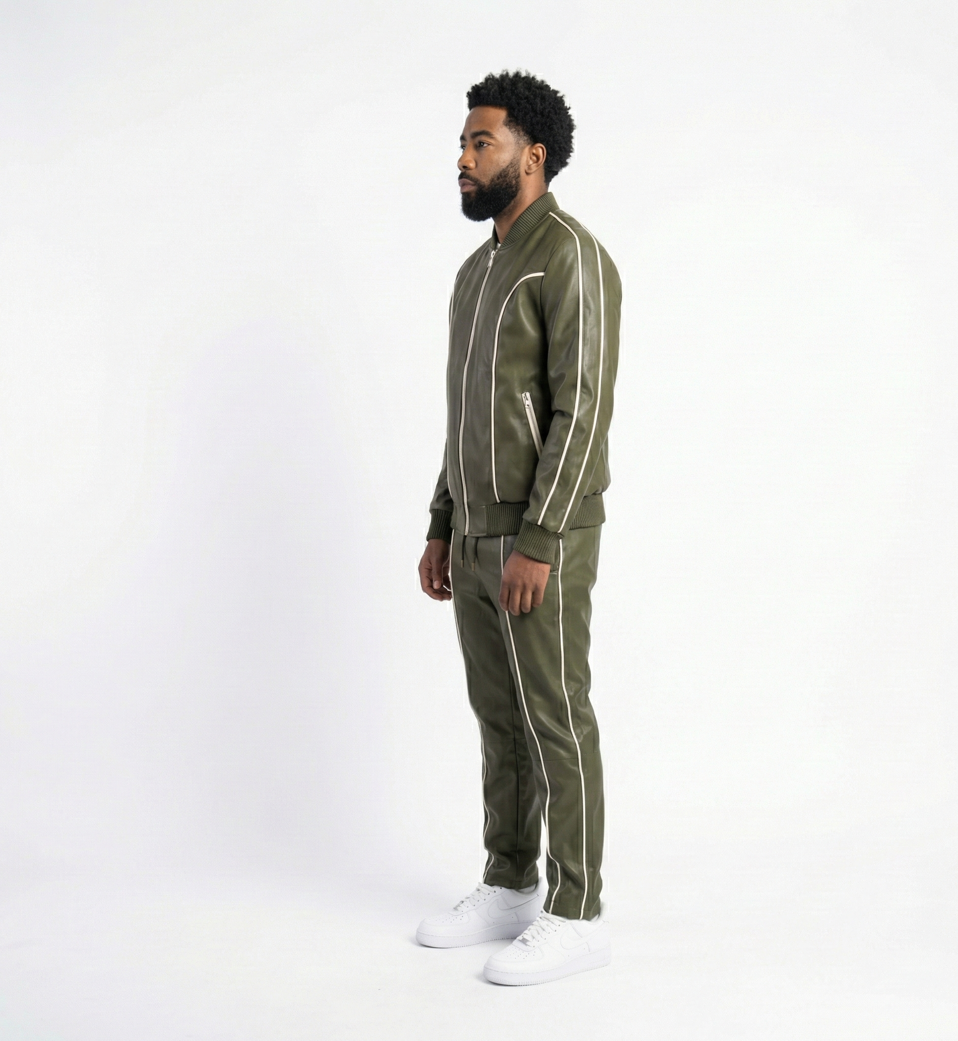 Men’s Olive Green Leather Zip-Up Jacket and Jogger Pants Set