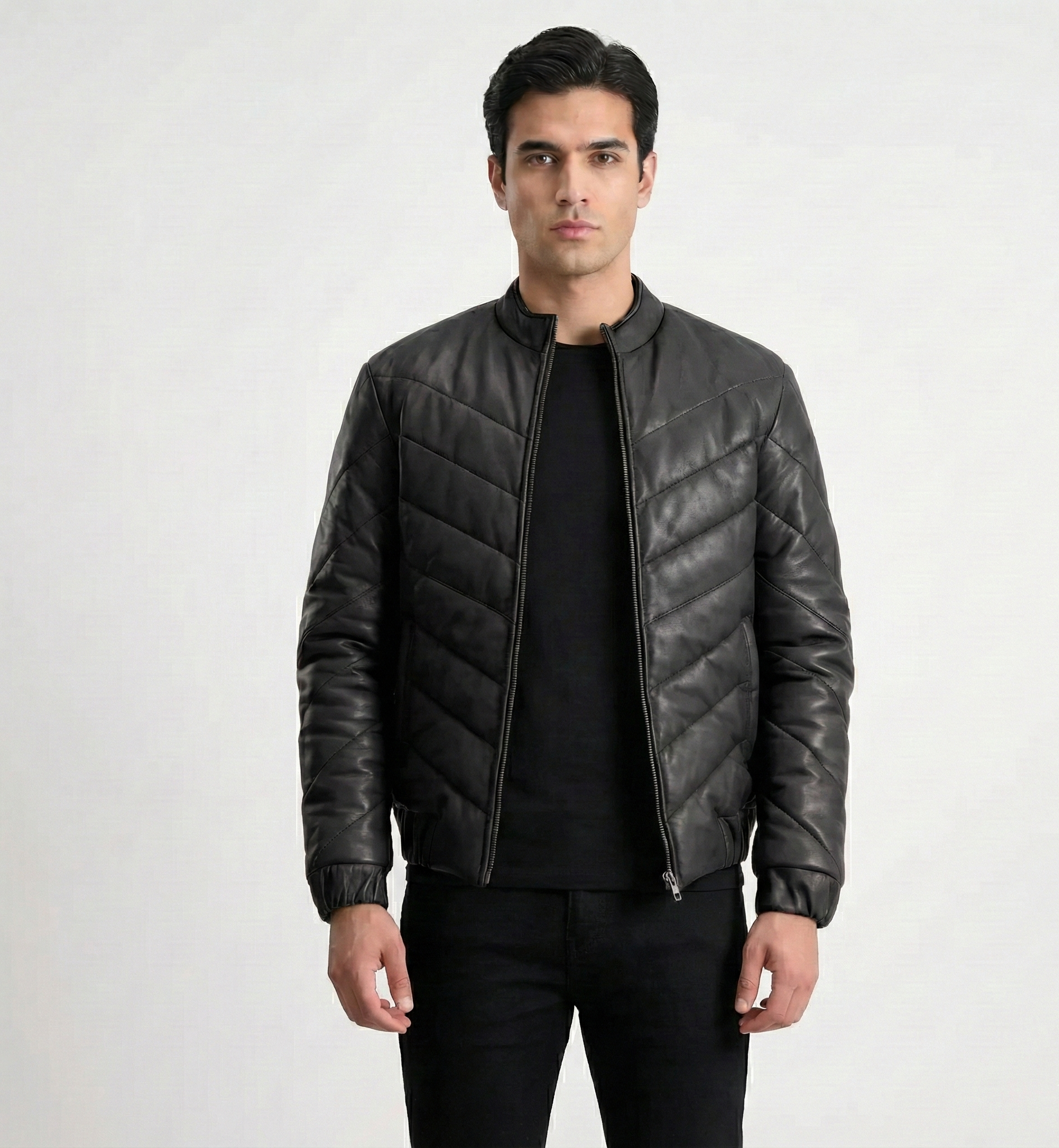 Men’s Black Quilted Leather Jacket – Zip Front