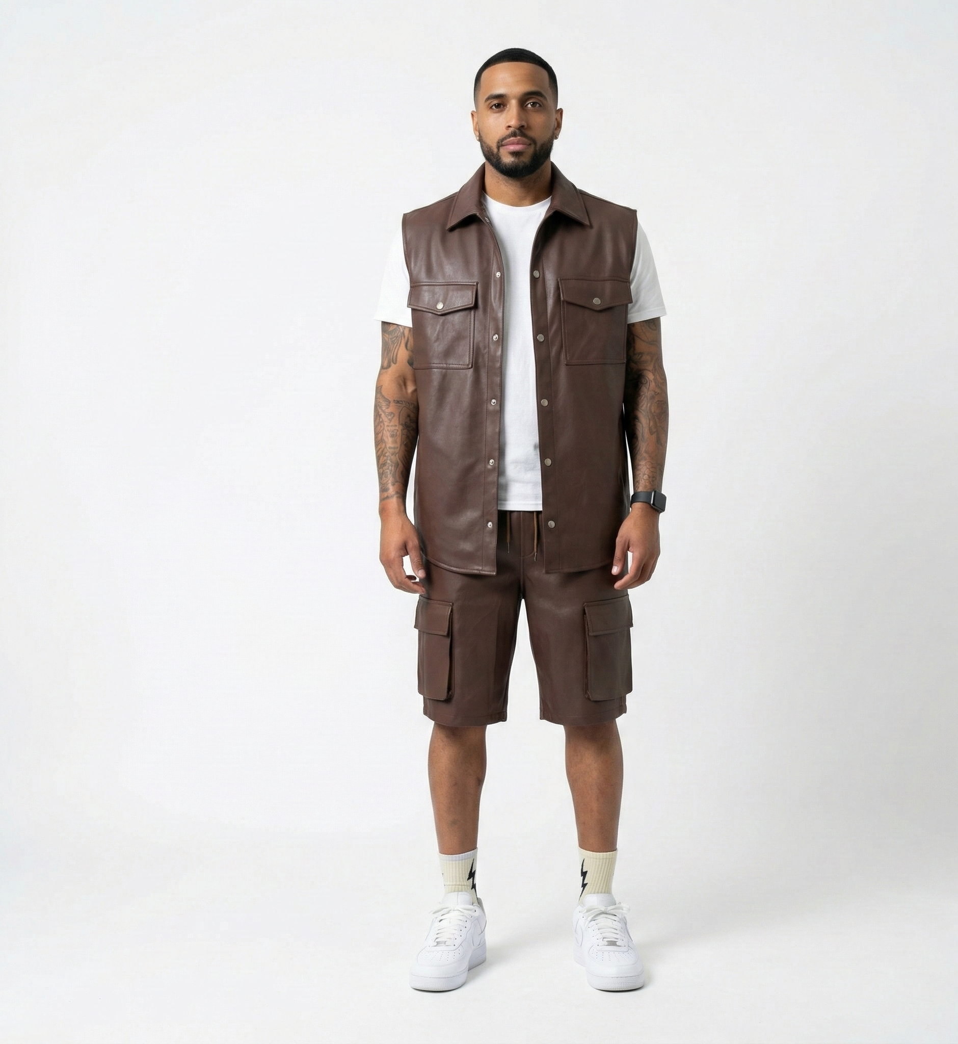 Men’s Brown Leather Cargo Shorts – Casual Street Fit