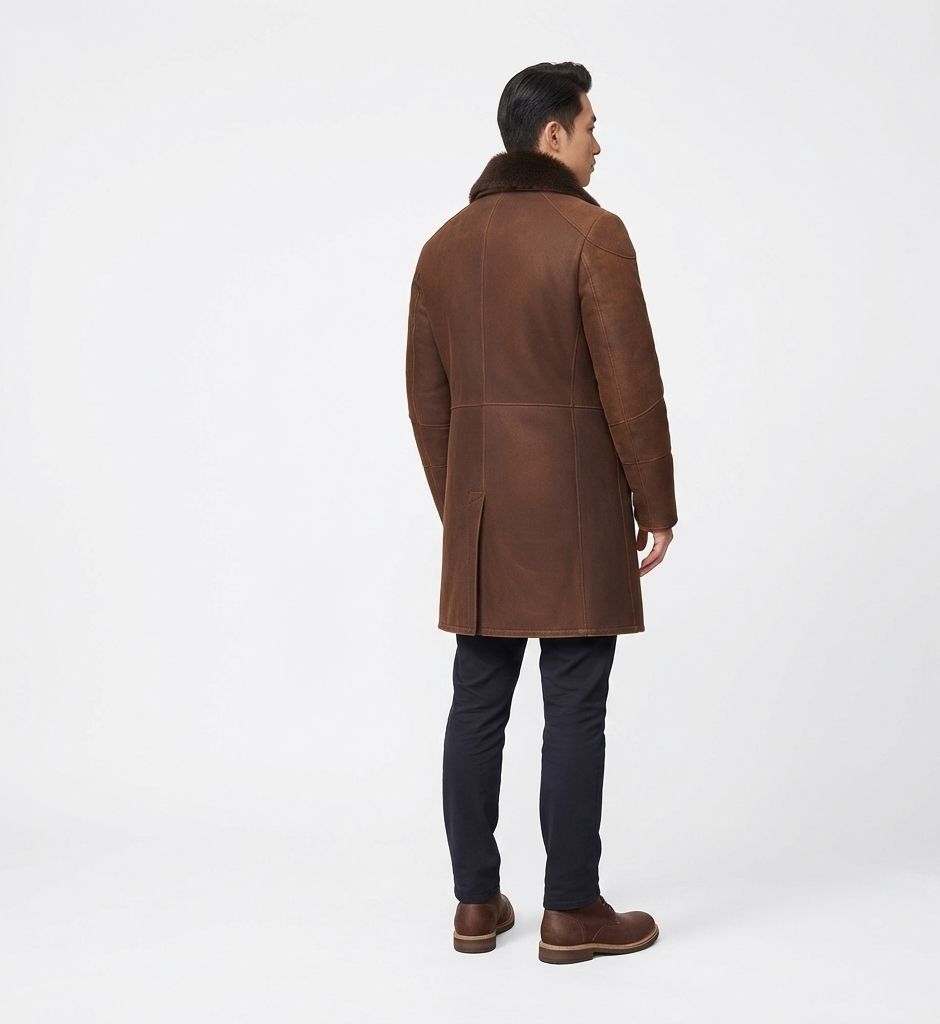 Men’s Shearling Collar Overcoat – Classic Brown Winter Coat