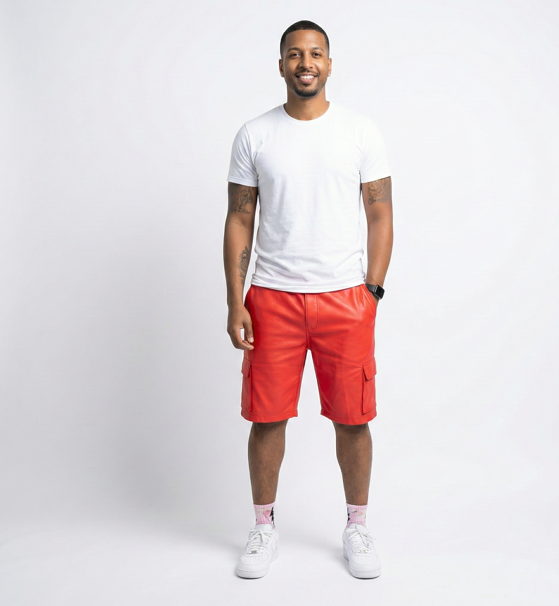 Men’s Red Leather Cargo Shorts – Casual Street Fit