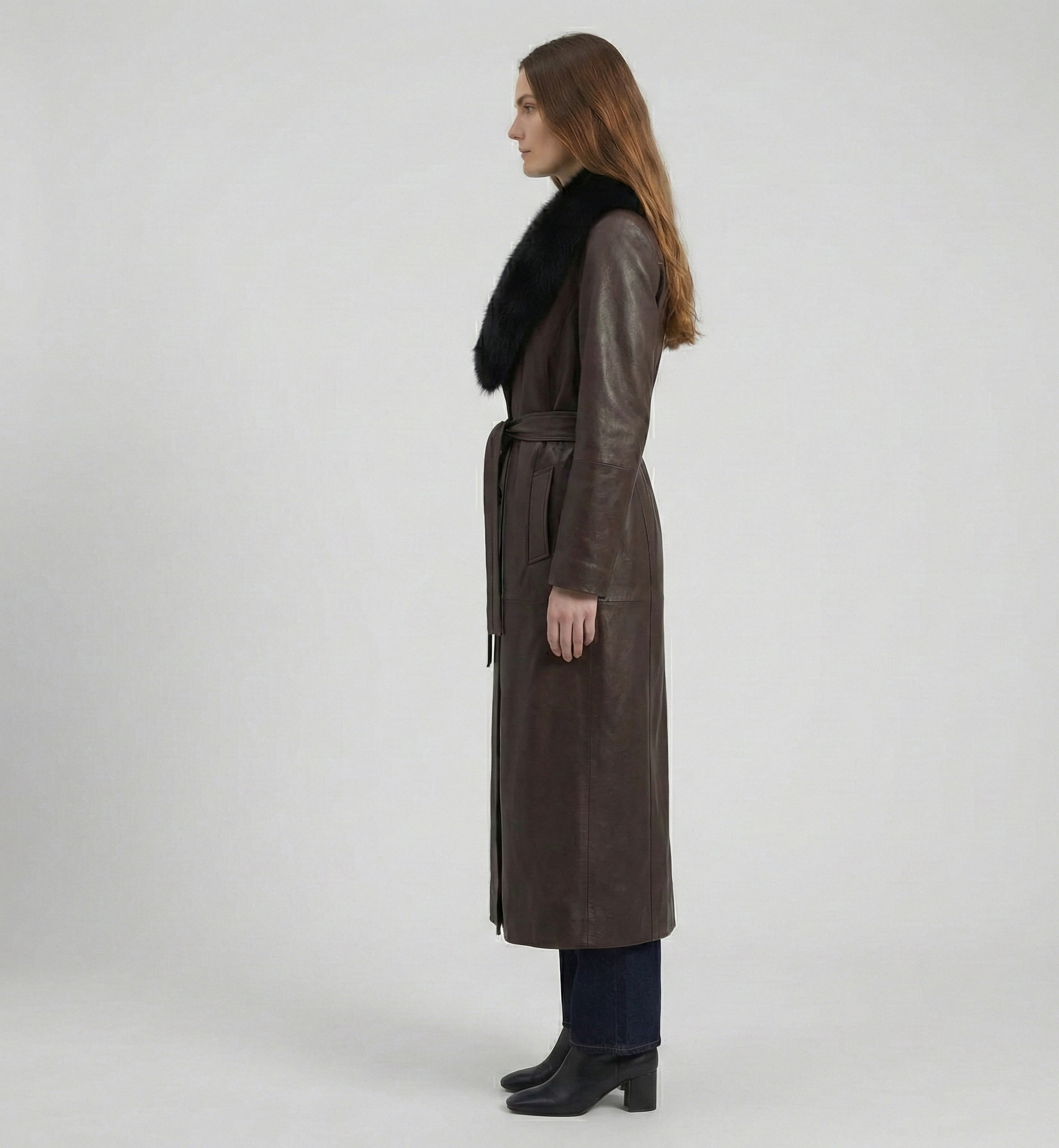 Women’s Brown Leather Trench Coat with Fur Collar – Belted Winter Coat