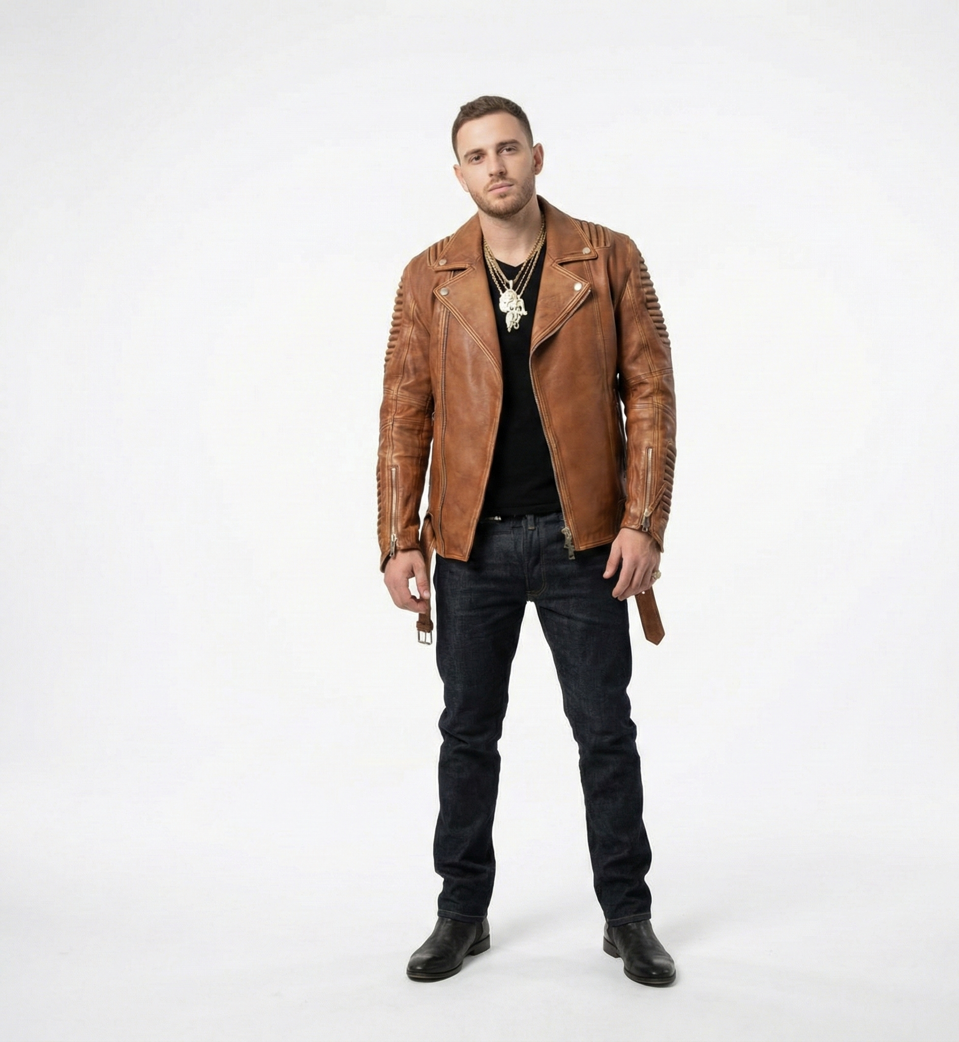 Men’s Brown Leather Biker Jacket with Ribbed Sleeves