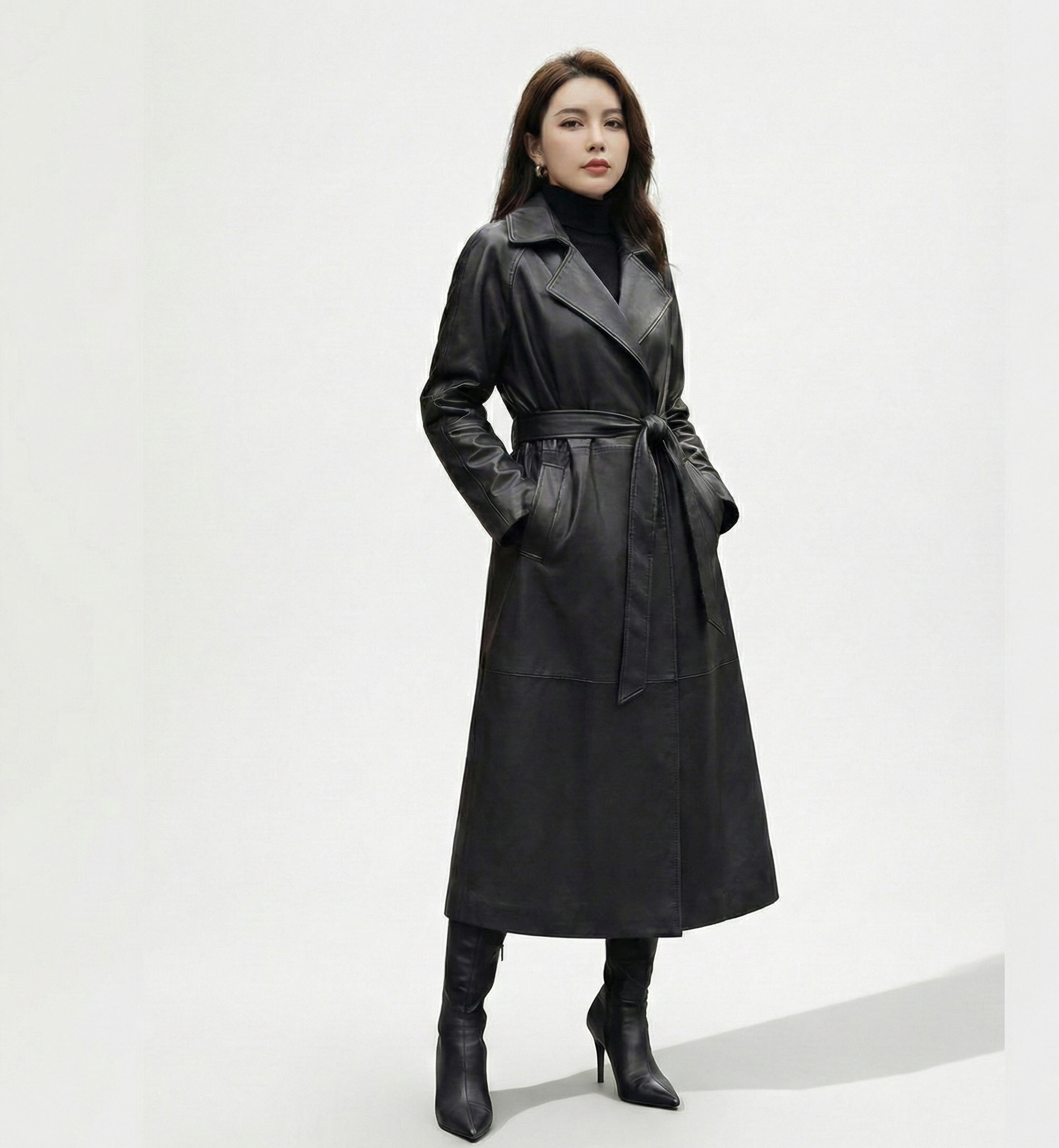 Women’s Black Leather Trench Coat – Belted Longline Fit