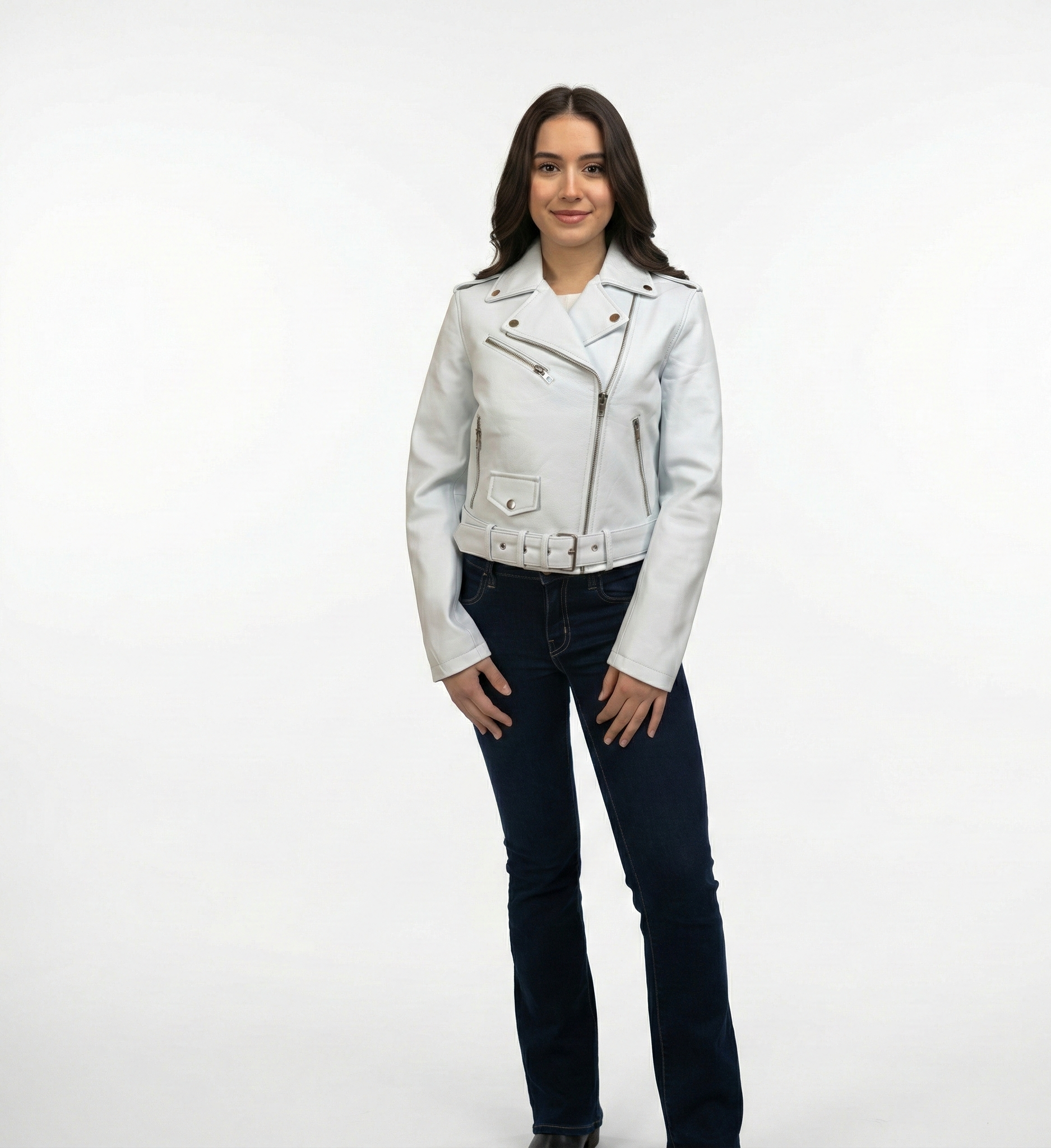 Women’s Leather Moto Jacket – Classic Biker Style, Zip Front, Belted Waist