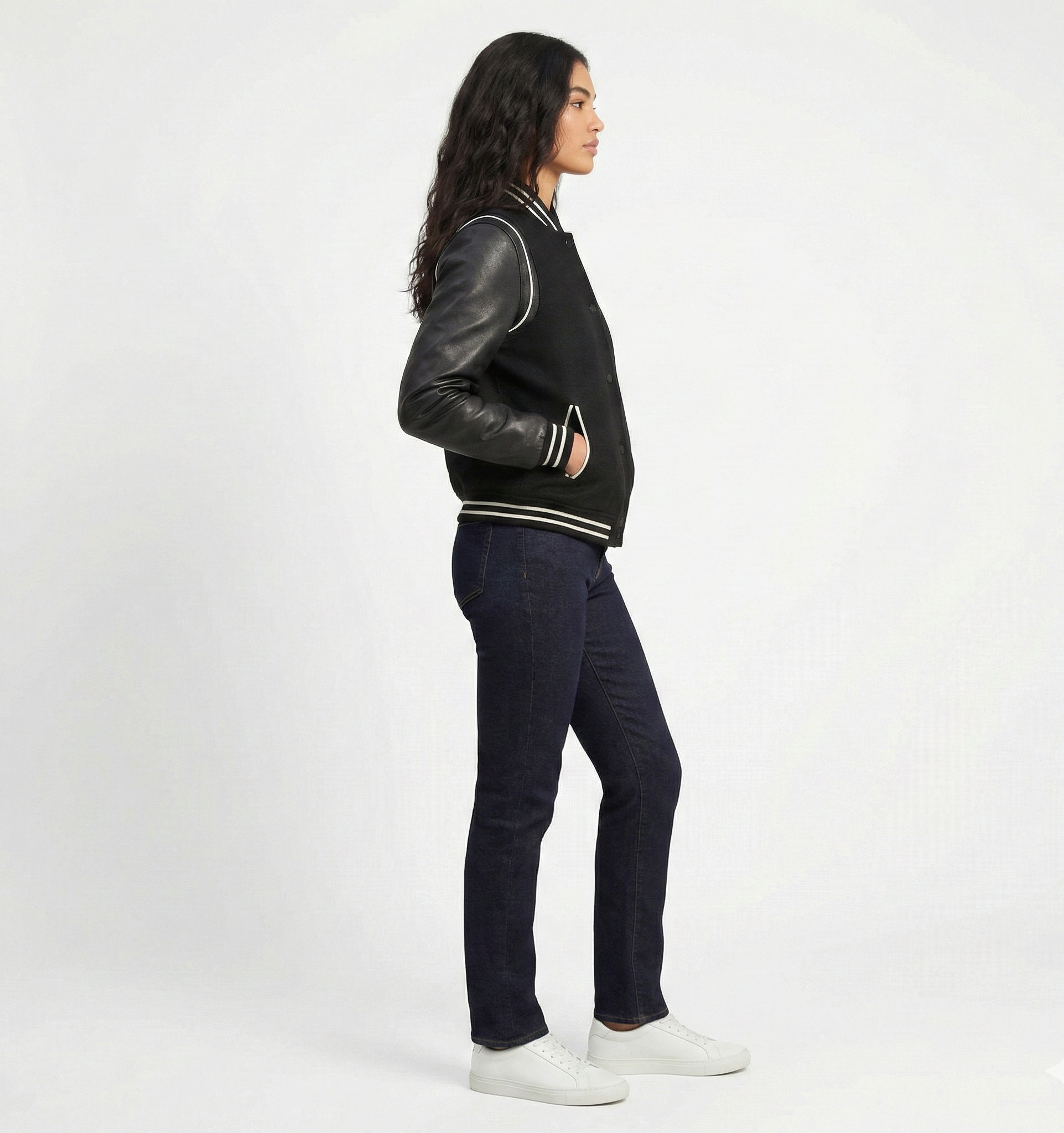 Women’s Classic Varsity Jacket with Leather Sleeves & Ribbed Trim