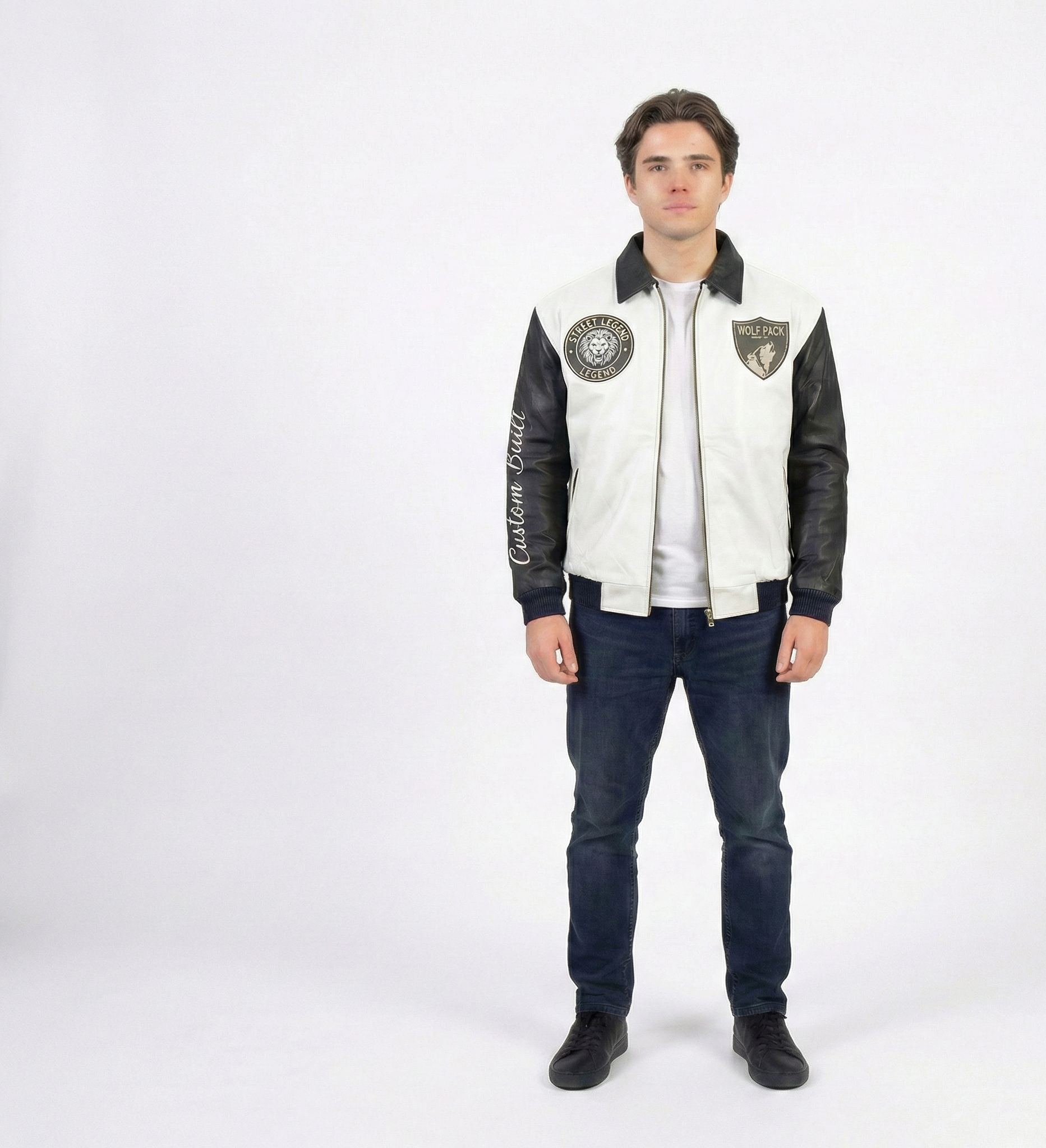 Men’s White & Black Varsity Leather Jacket – Wolf Pack Streetwear