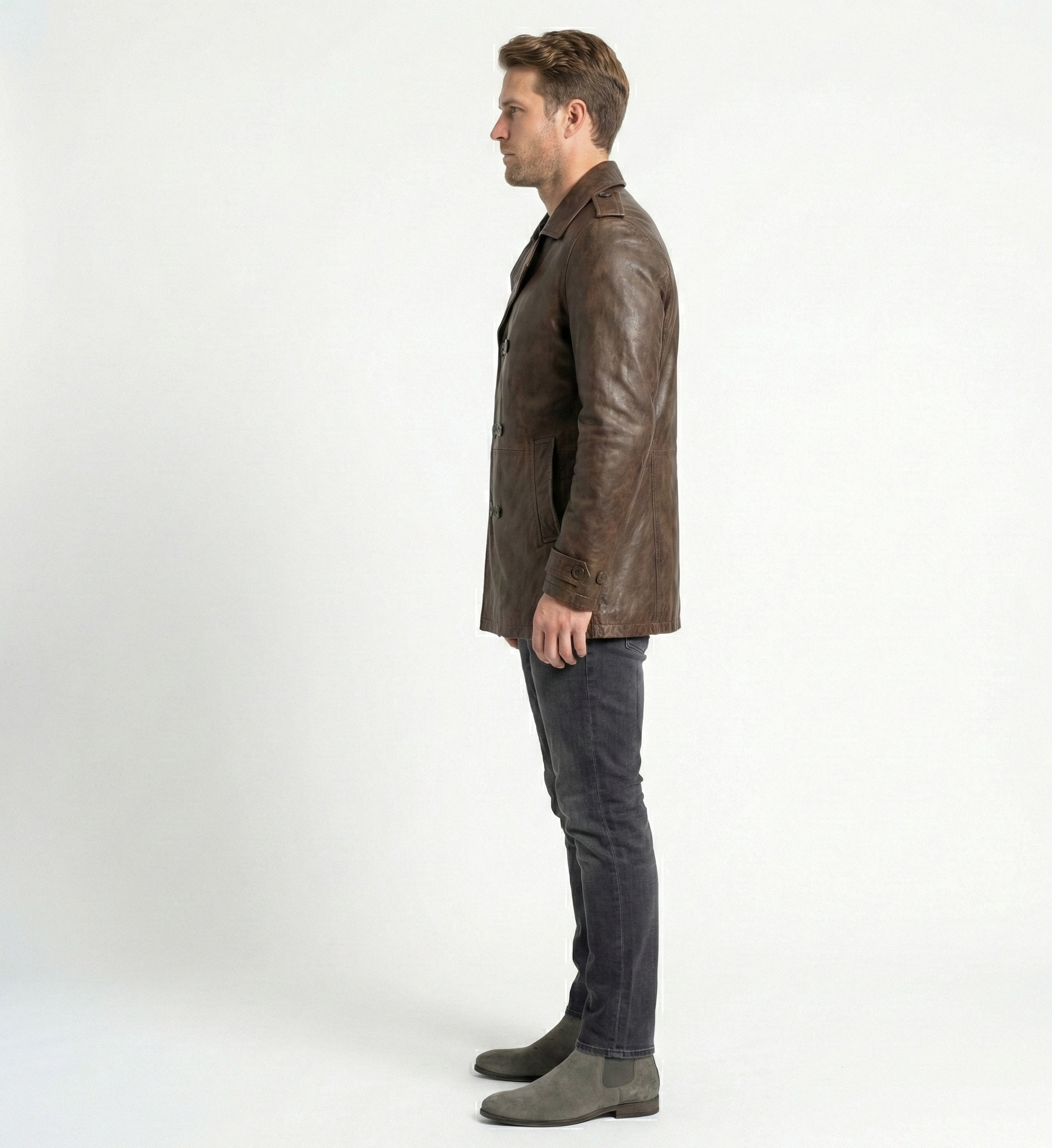 Men’s Brown Leather Double-Breasted Trench Coat