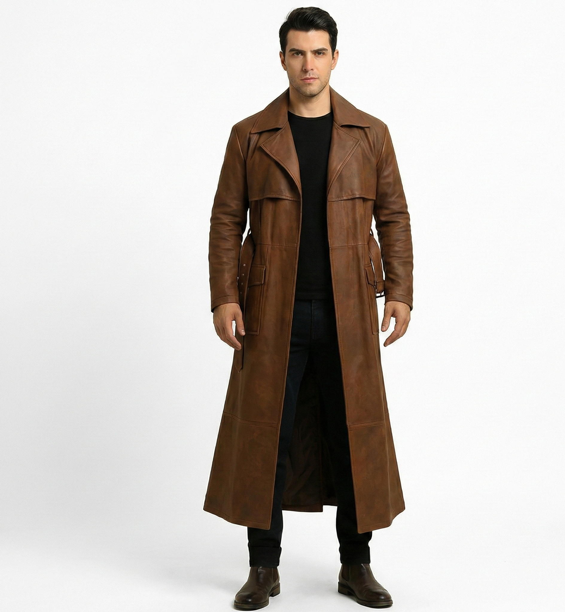Men’s Brown Leather Long Trench Coat – Classic Outerwear